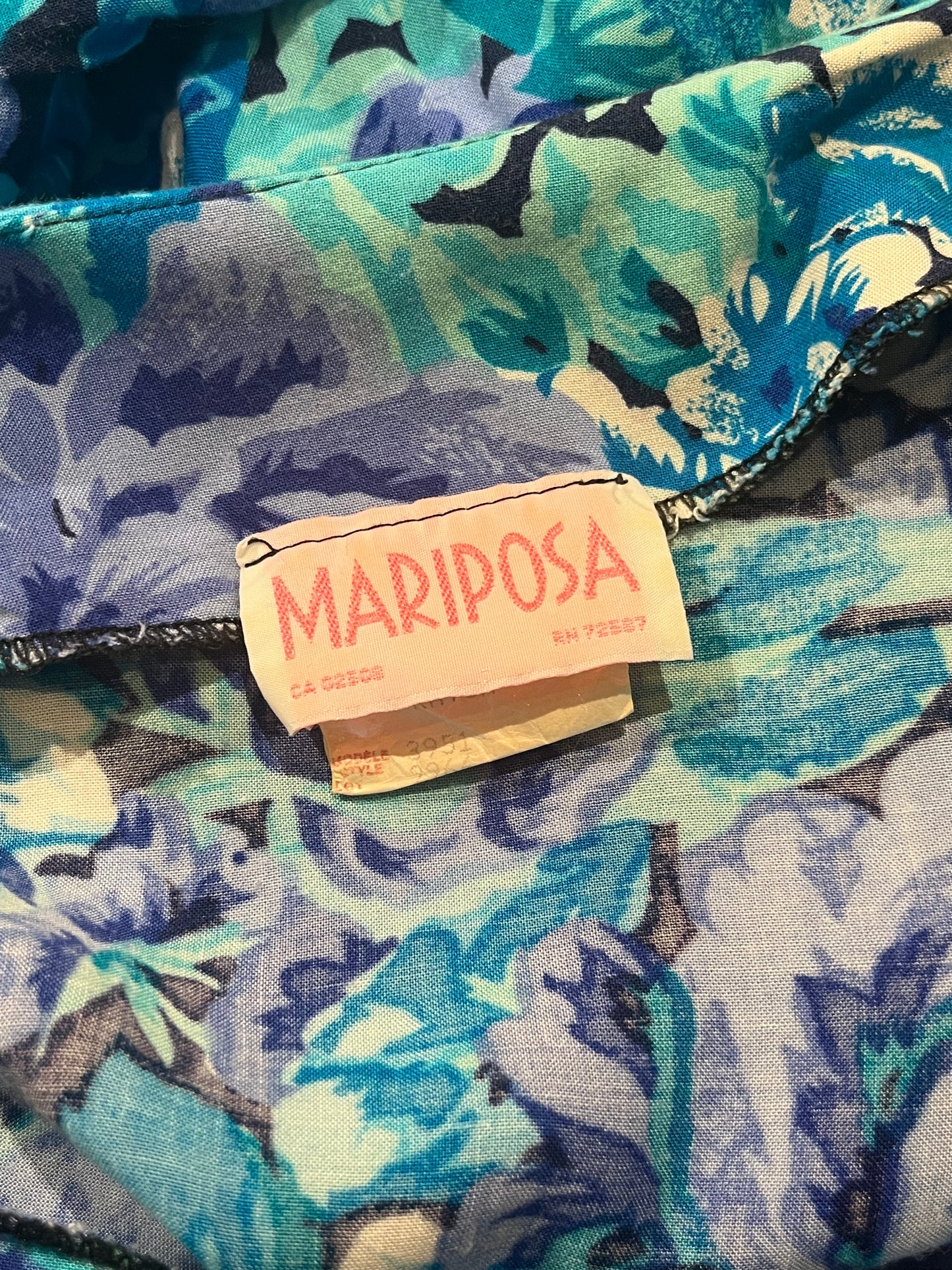 90s 'Mariposa' Blue Floral Print Rayon Dress / Small