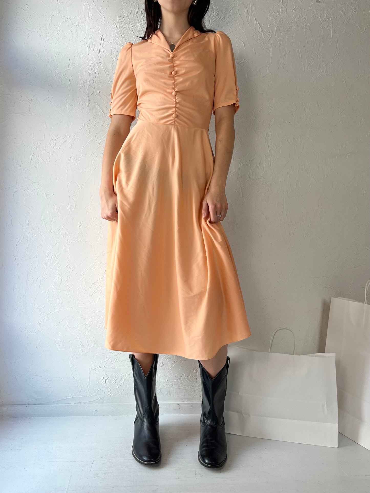 70s 'Sandi Gale' Peach Polyester Fitted Midi Dress / Small