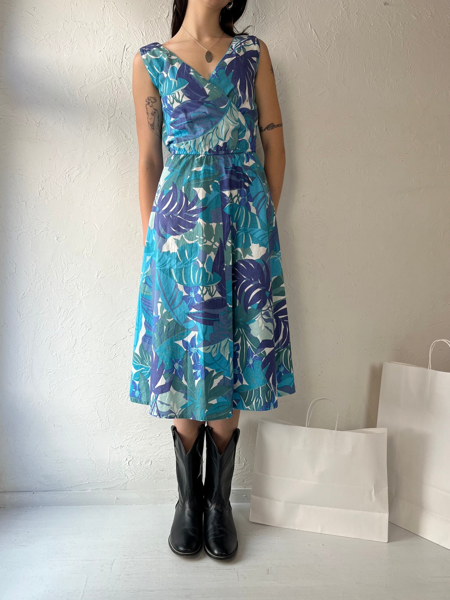 80s 'Dereta' Blue Cotton Floral Print Day Dress / Medium