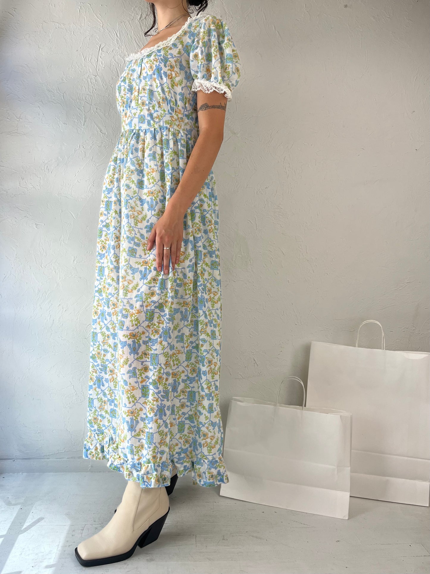 70s Handmade Blue Puff Sleeve Peasant Dress / Small - Medium