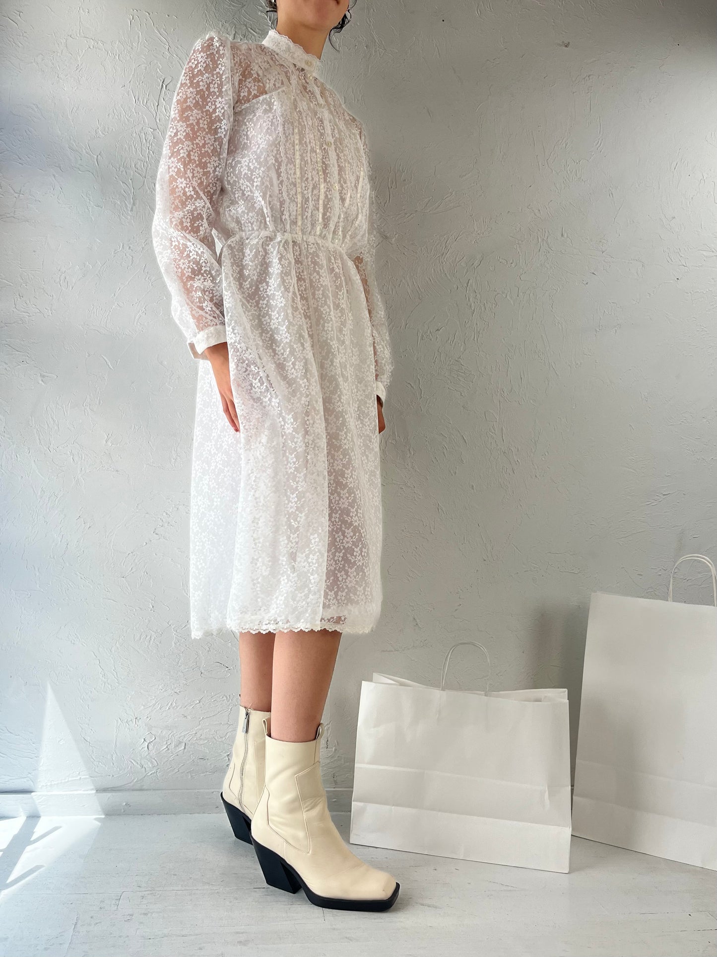 70s 'Pantel' Union Made Lace Long Sleeve Wedding Dress / Small