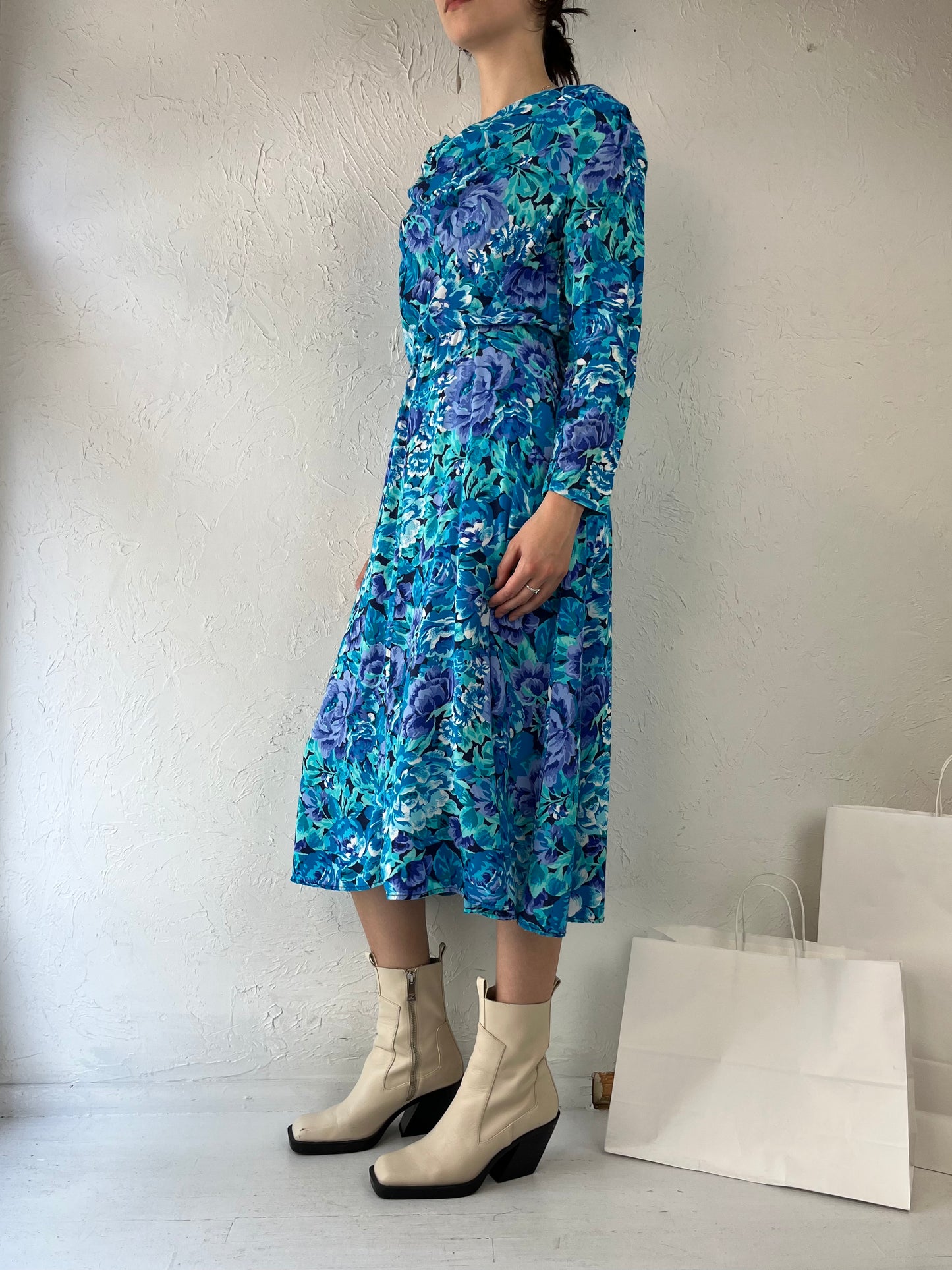 90s 'Mariposa' Blue Floral Print Rayon Dress / Small