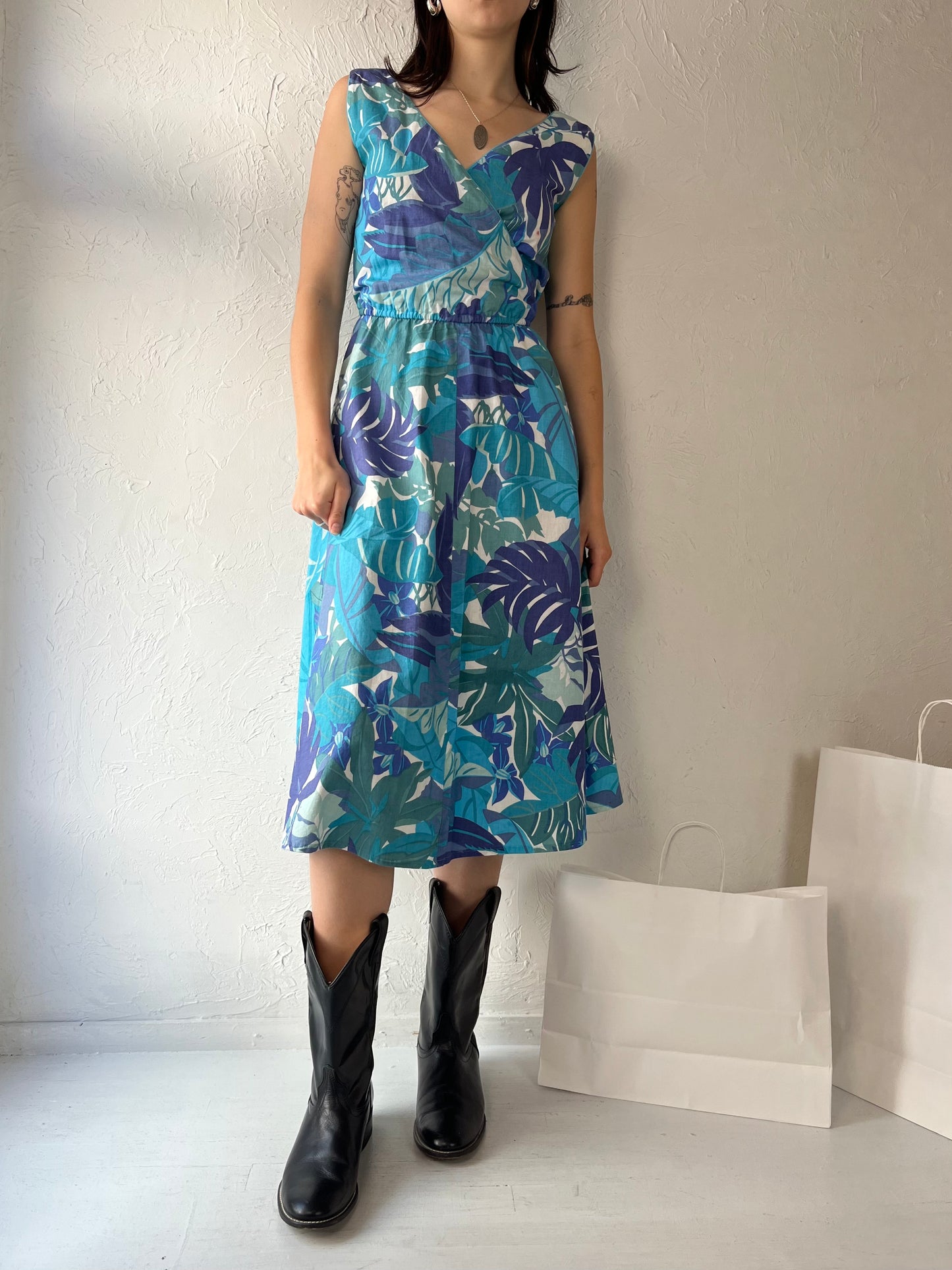 80s 'Dereta' Blue Cotton Floral Print Day Dress / Medium