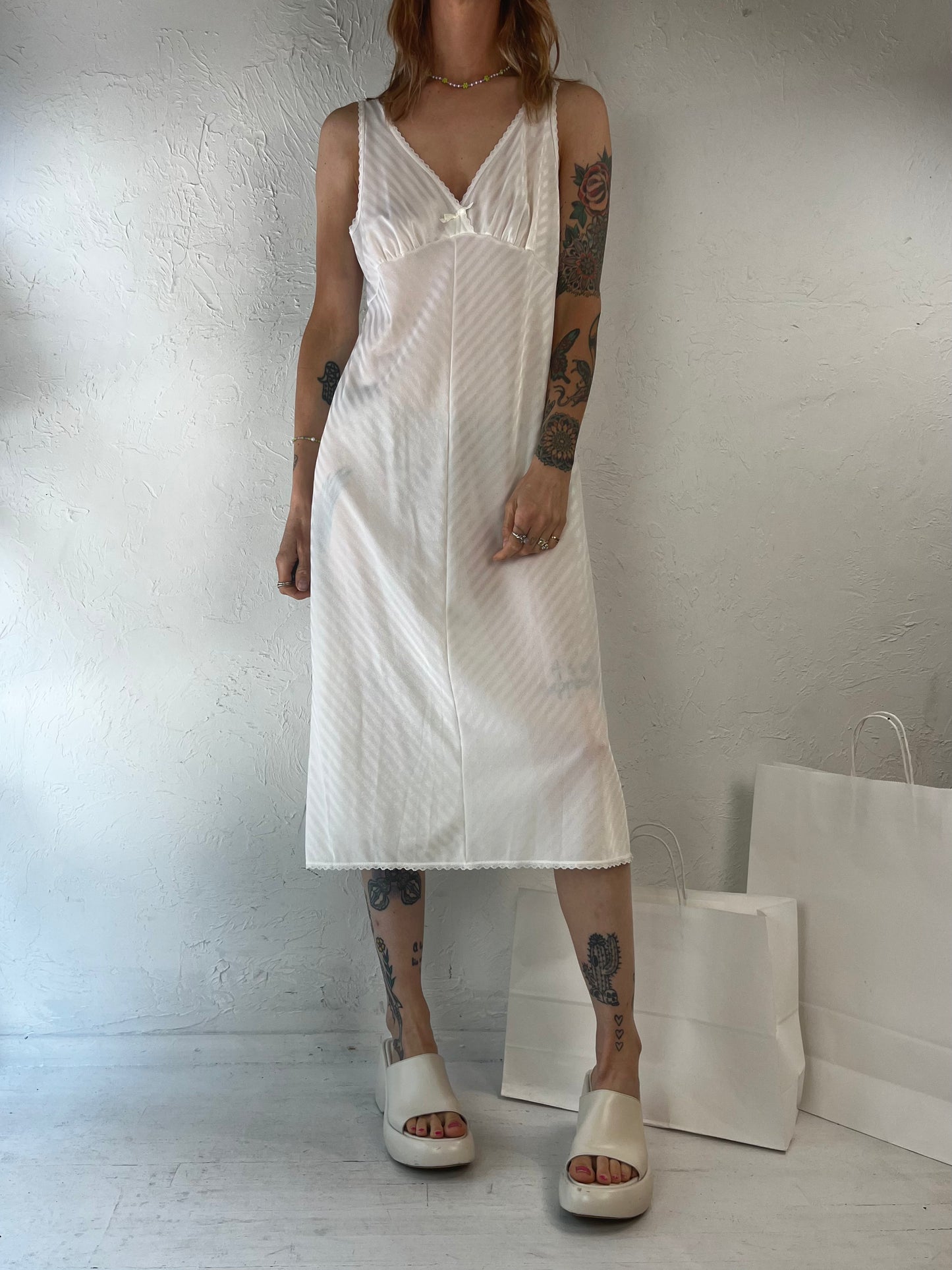 90s 'Kayser' White Nylon Slip Dress / Medium