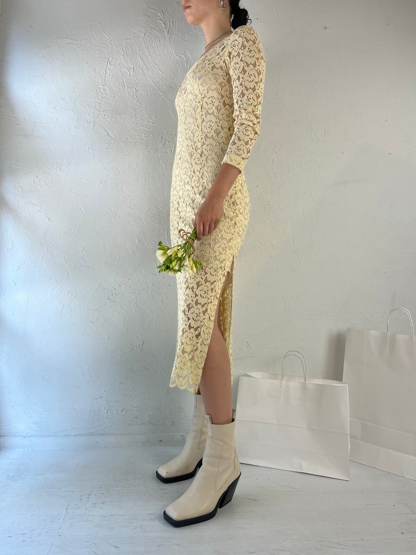 90s Cream Lace Long Sleeve Wedding Midi Dress / Small