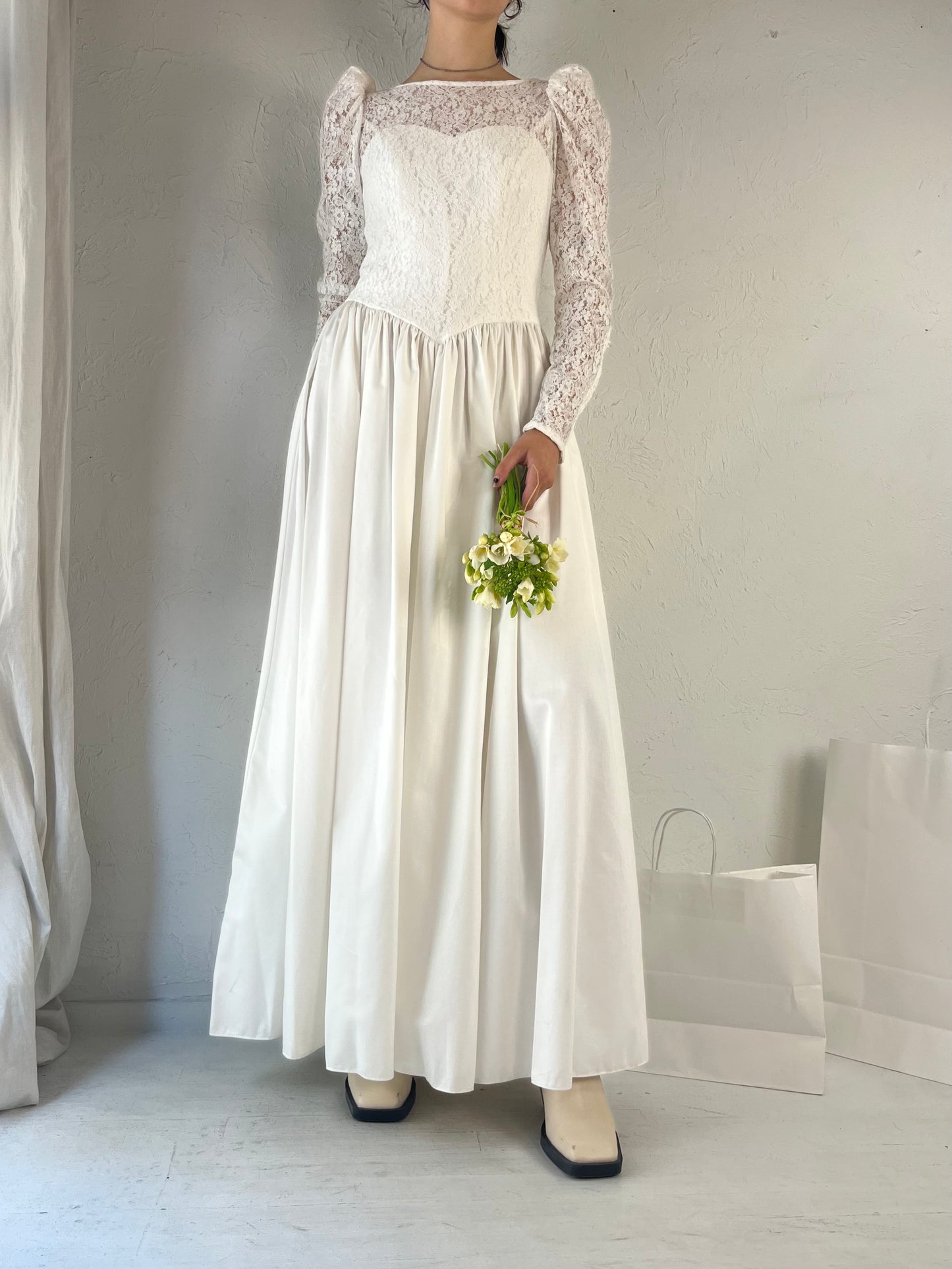 90s 'Laura Ashley' White Cotton Wedding Dress / Medium