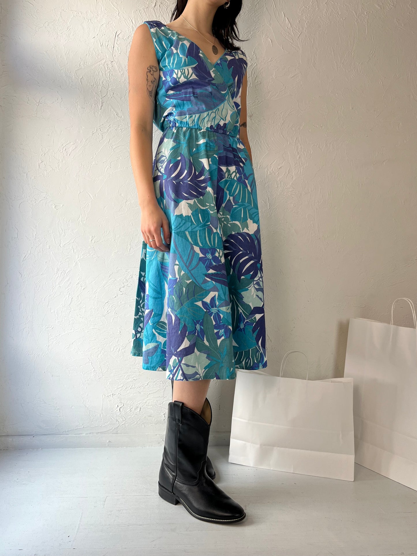 80s 'Dereta' Blue Cotton Floral Print Day Dress / Medium