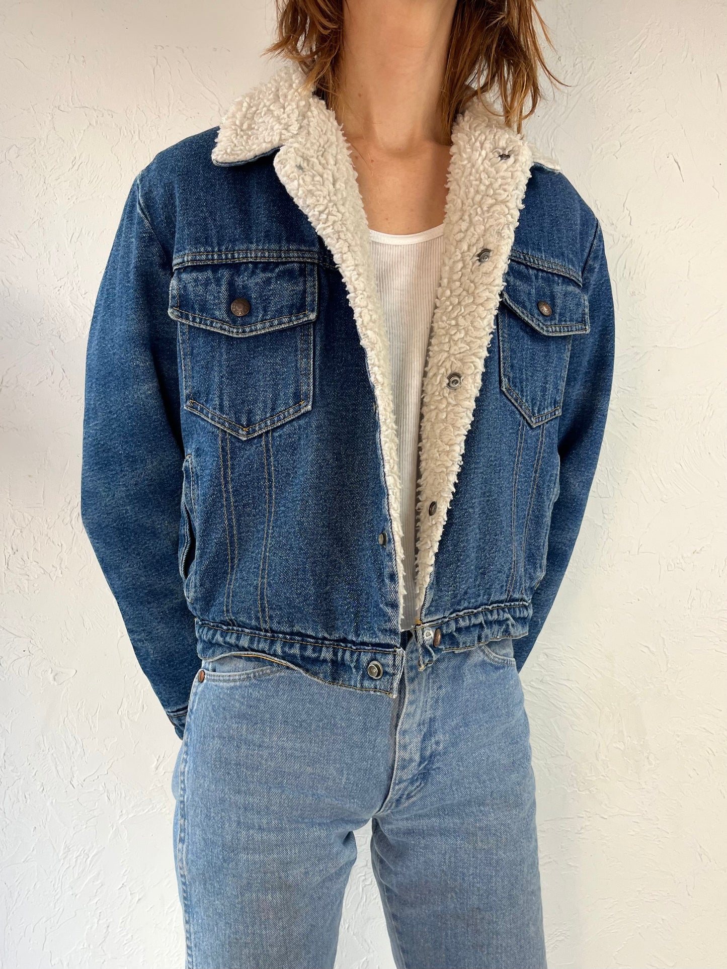 90s 'Essentials' Faux Shearling Lined Cropped Denim Jacket / Small