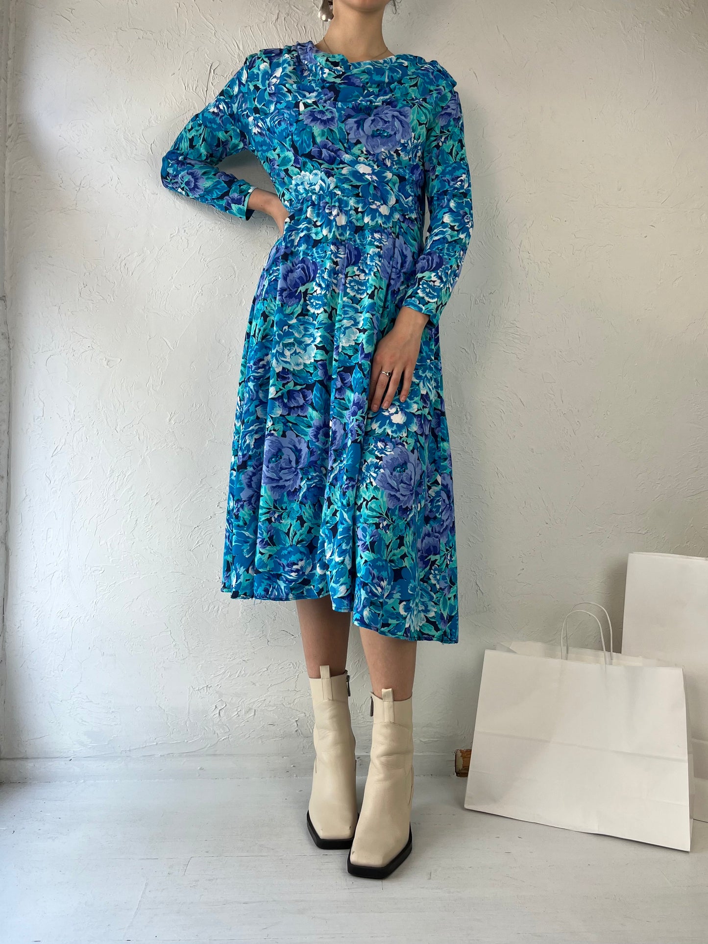 90s 'Mariposa' Blue Floral Print Rayon Dress / Small