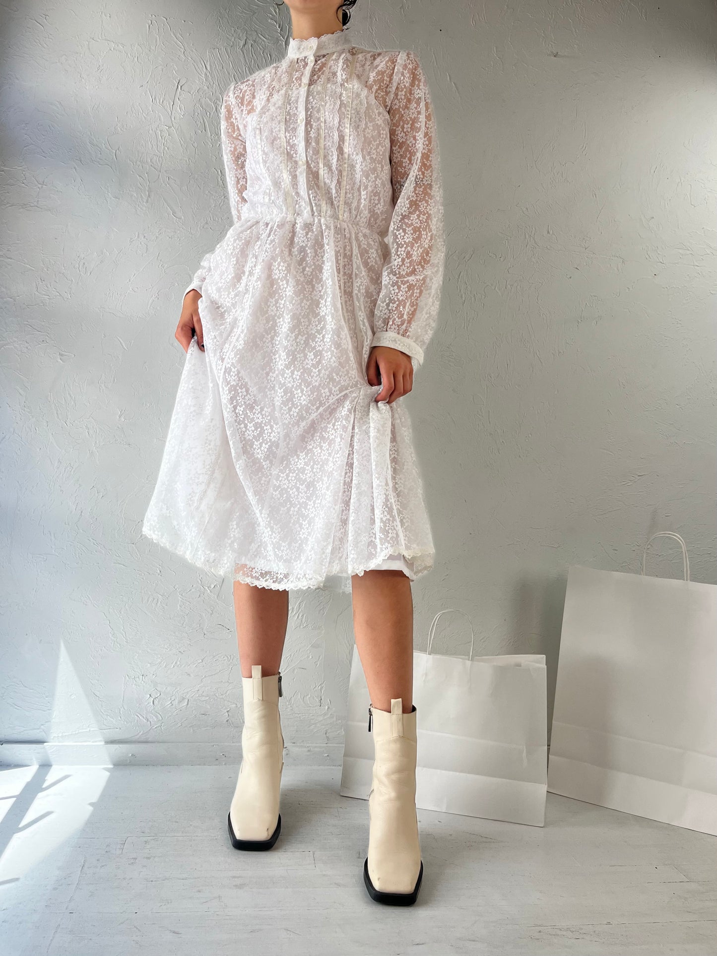 70s 'Pantel' Union Made Lace Long Sleeve Wedding Dress / Small