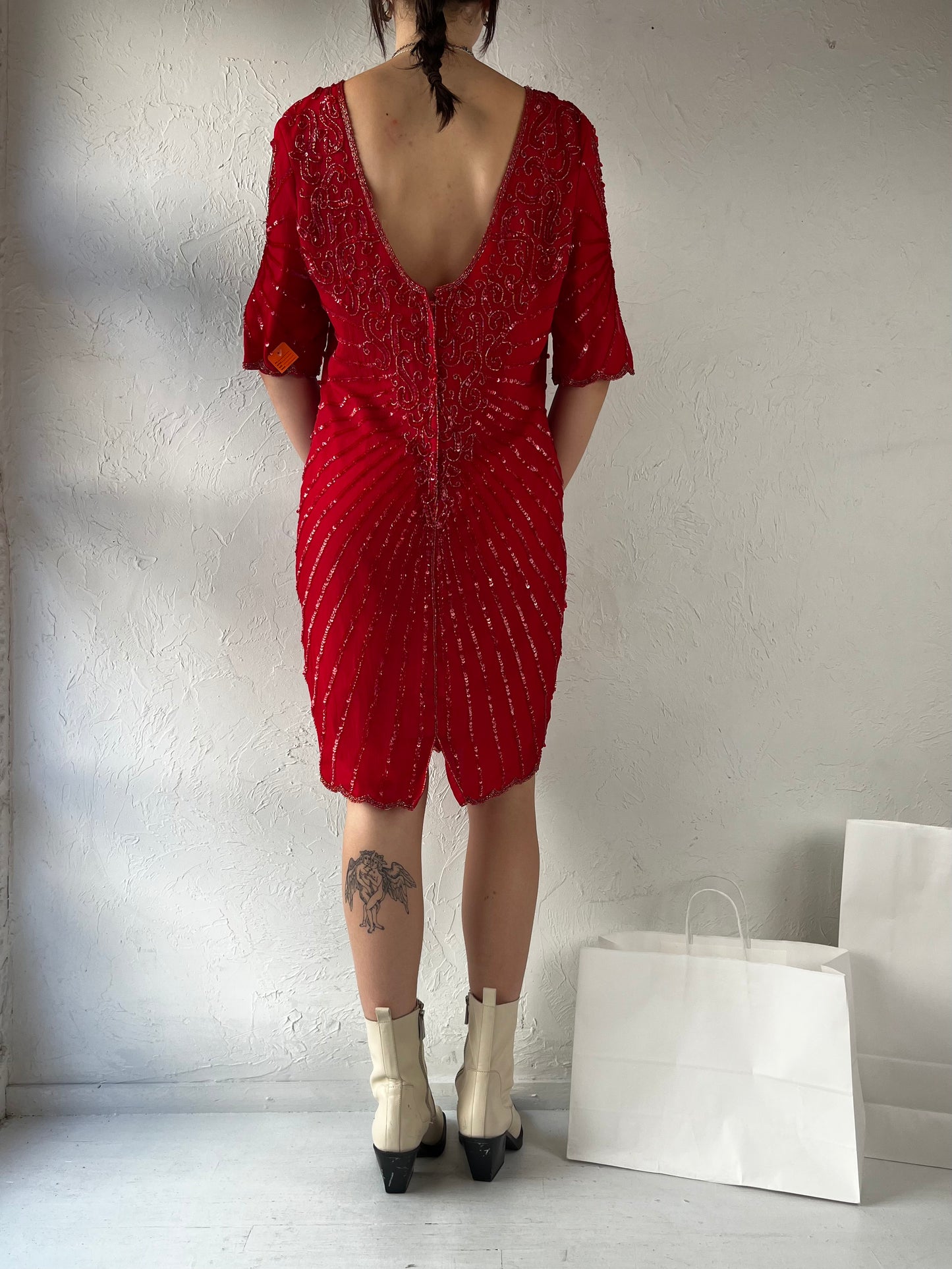 90s 'Styleworks' Red Beaded Silk Dress / Large