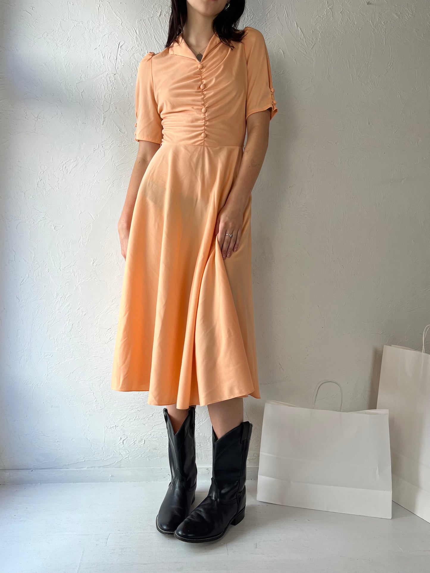 70s 'Sandi Gale' Peach Polyester Fitted Midi Dress / Small