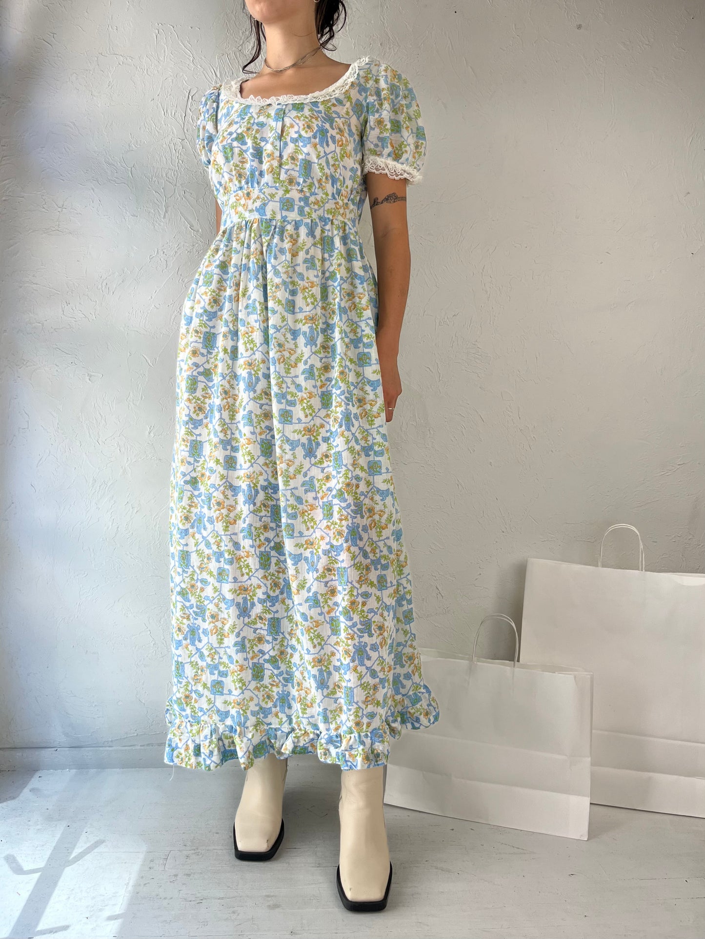 70s Handmade Blue Puff Sleeve Peasant Dress / Small - Medium