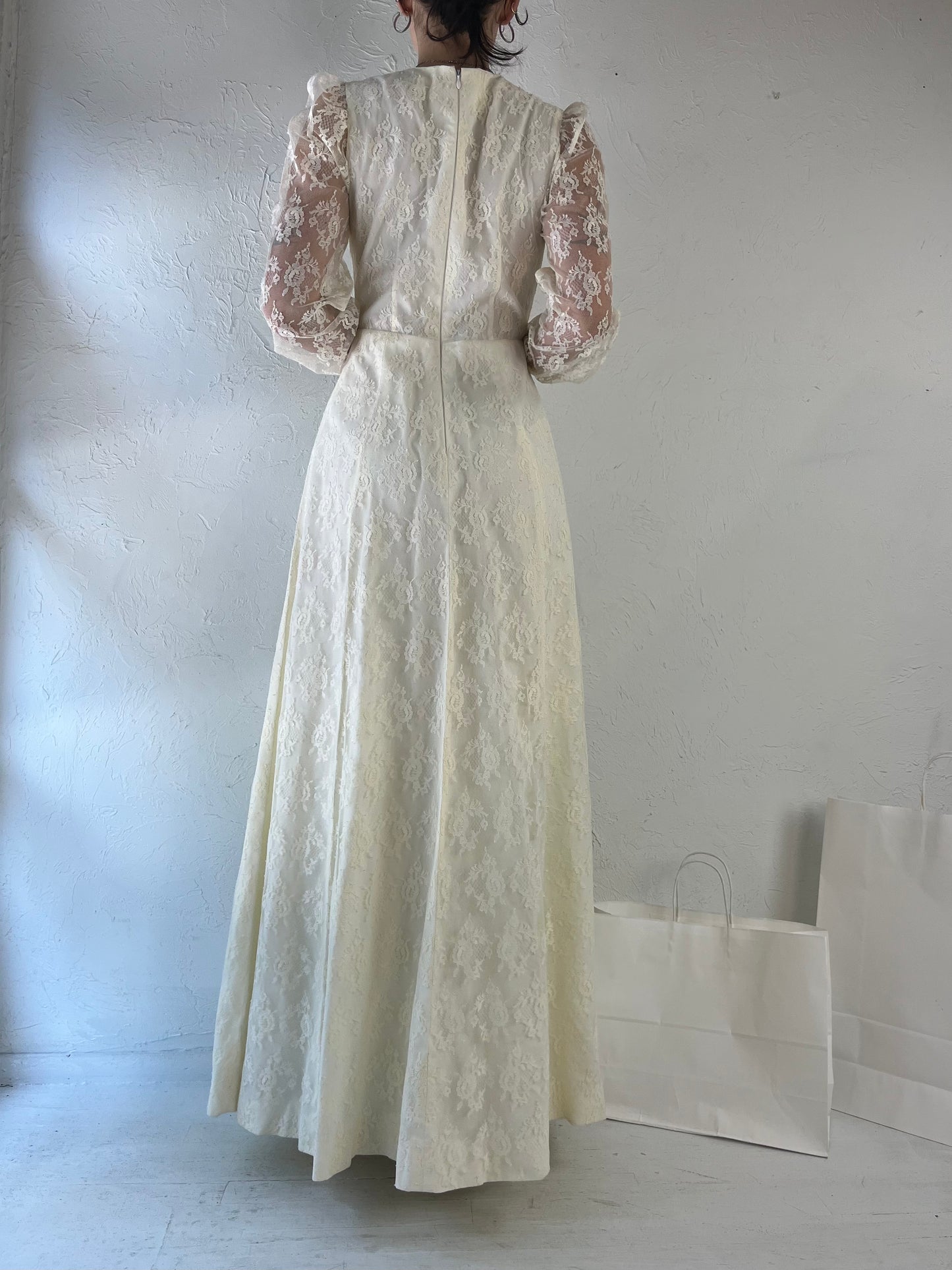 80s Handmade Lace Sleeve Off White Wedding Dress / Small