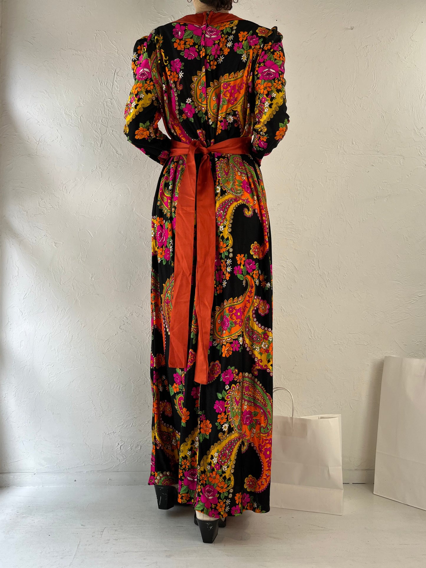 1970s Handmade Retro Floral Print Long Sleeve Maxi Dress / Medium