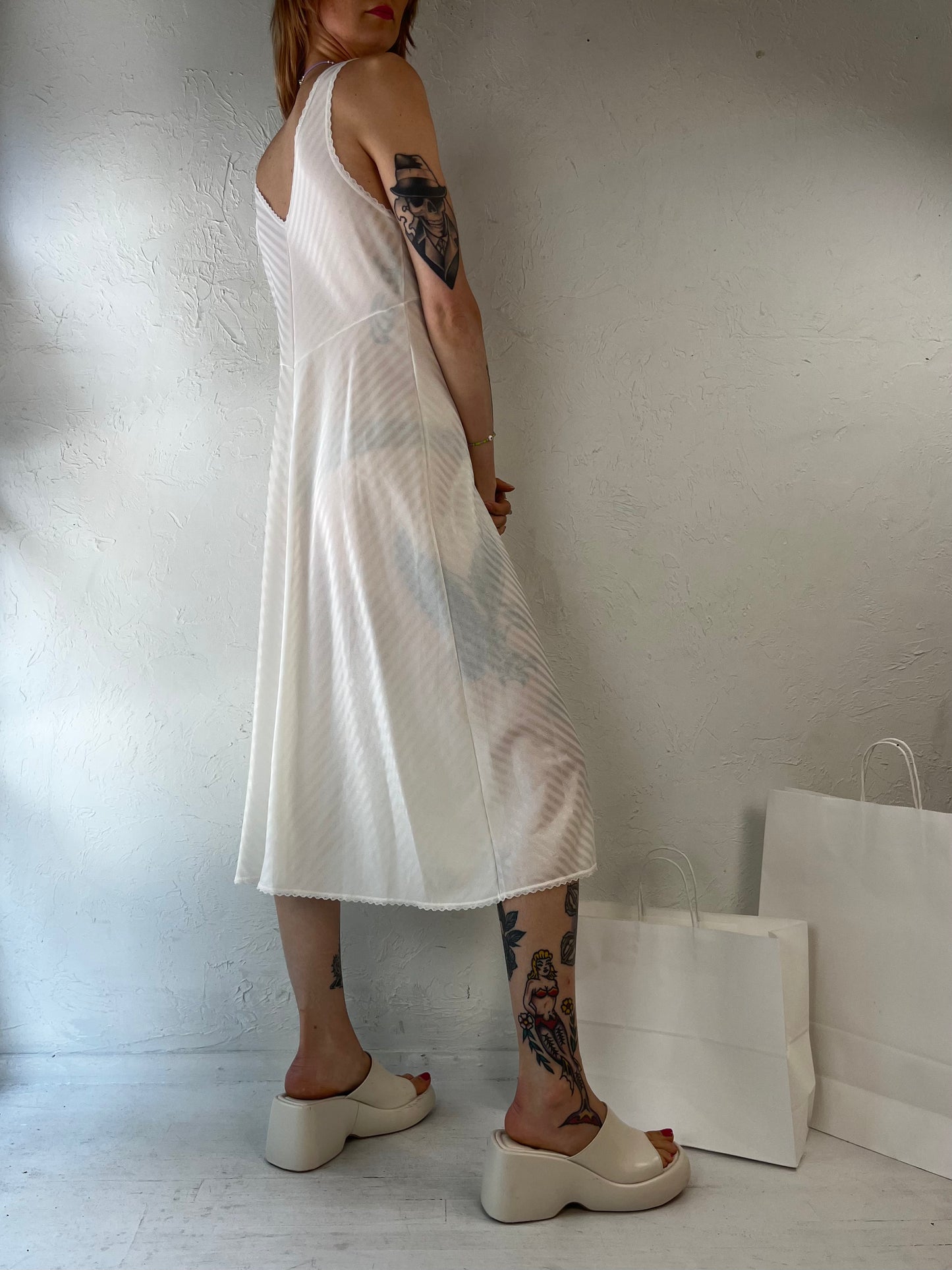90s 'Kayser' White Nylon Slip Dress / Medium