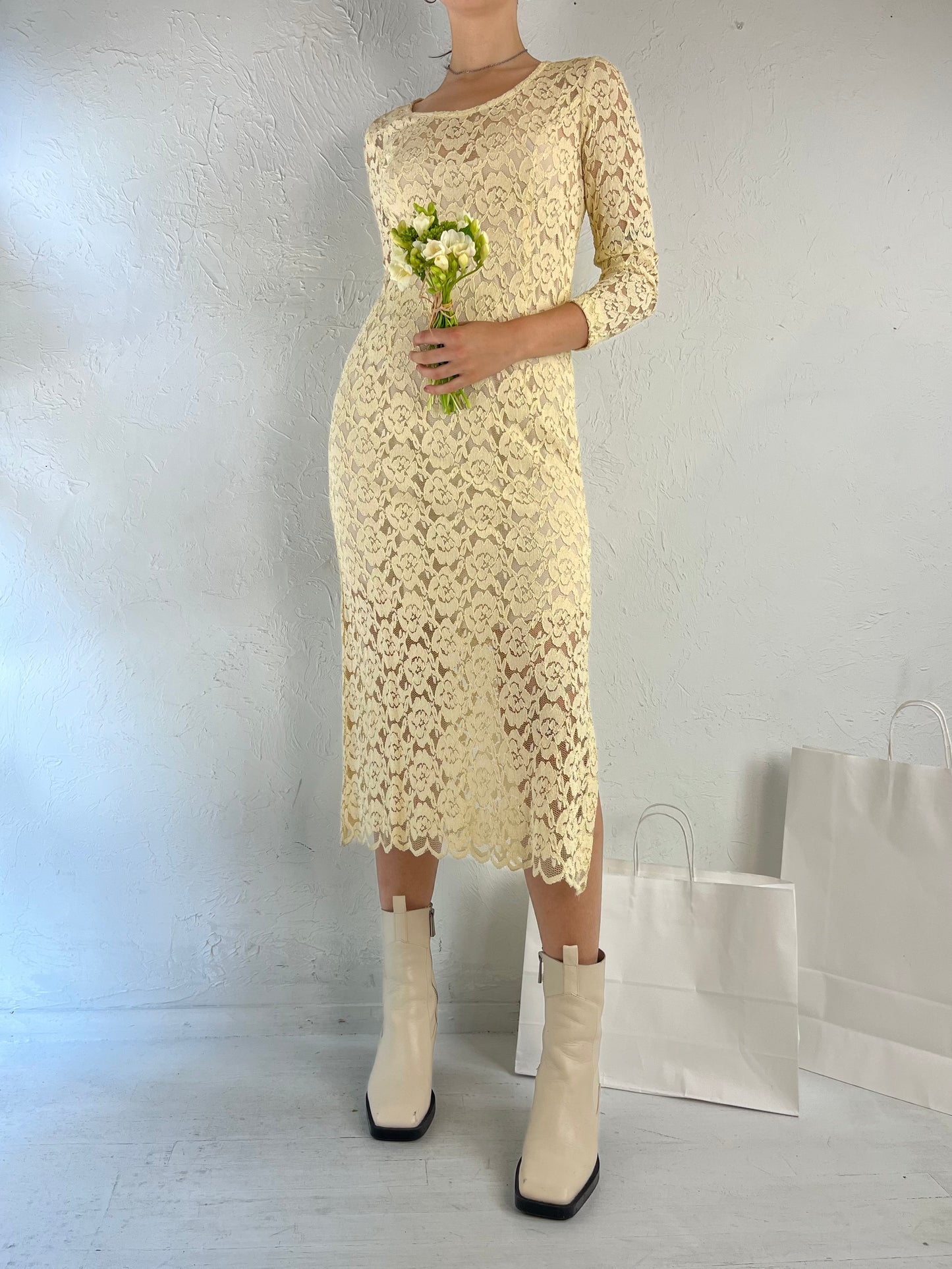 90s Cream Lace Long Sleeve Wedding Midi Dress / Small