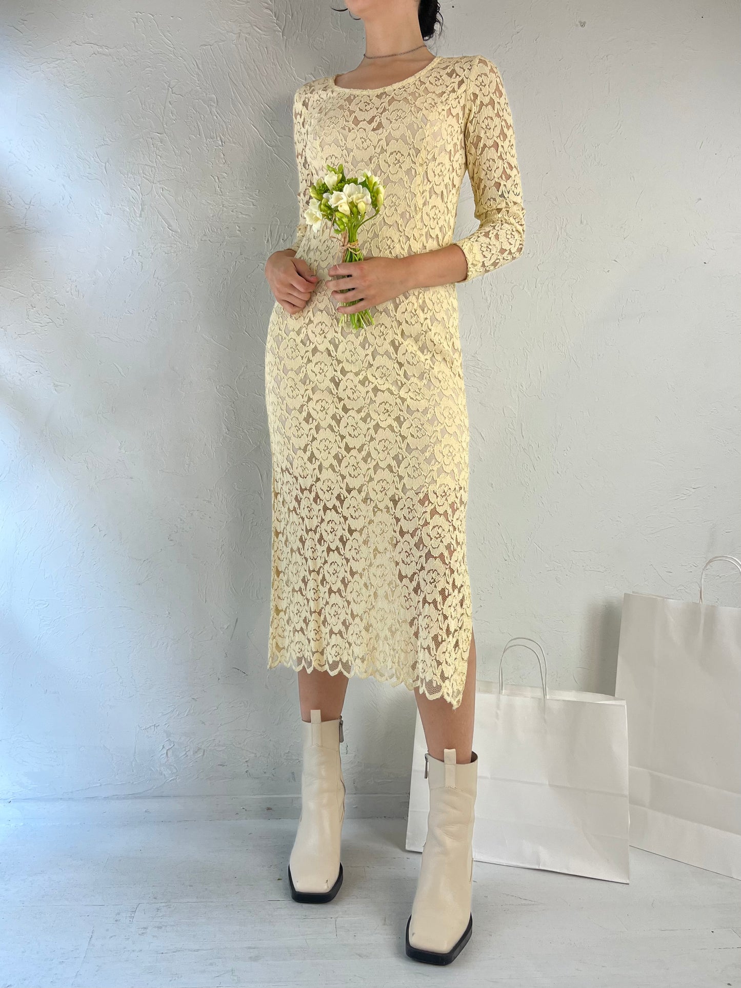 90s Cream Lace Long Sleeve Wedding Midi Dress / Small