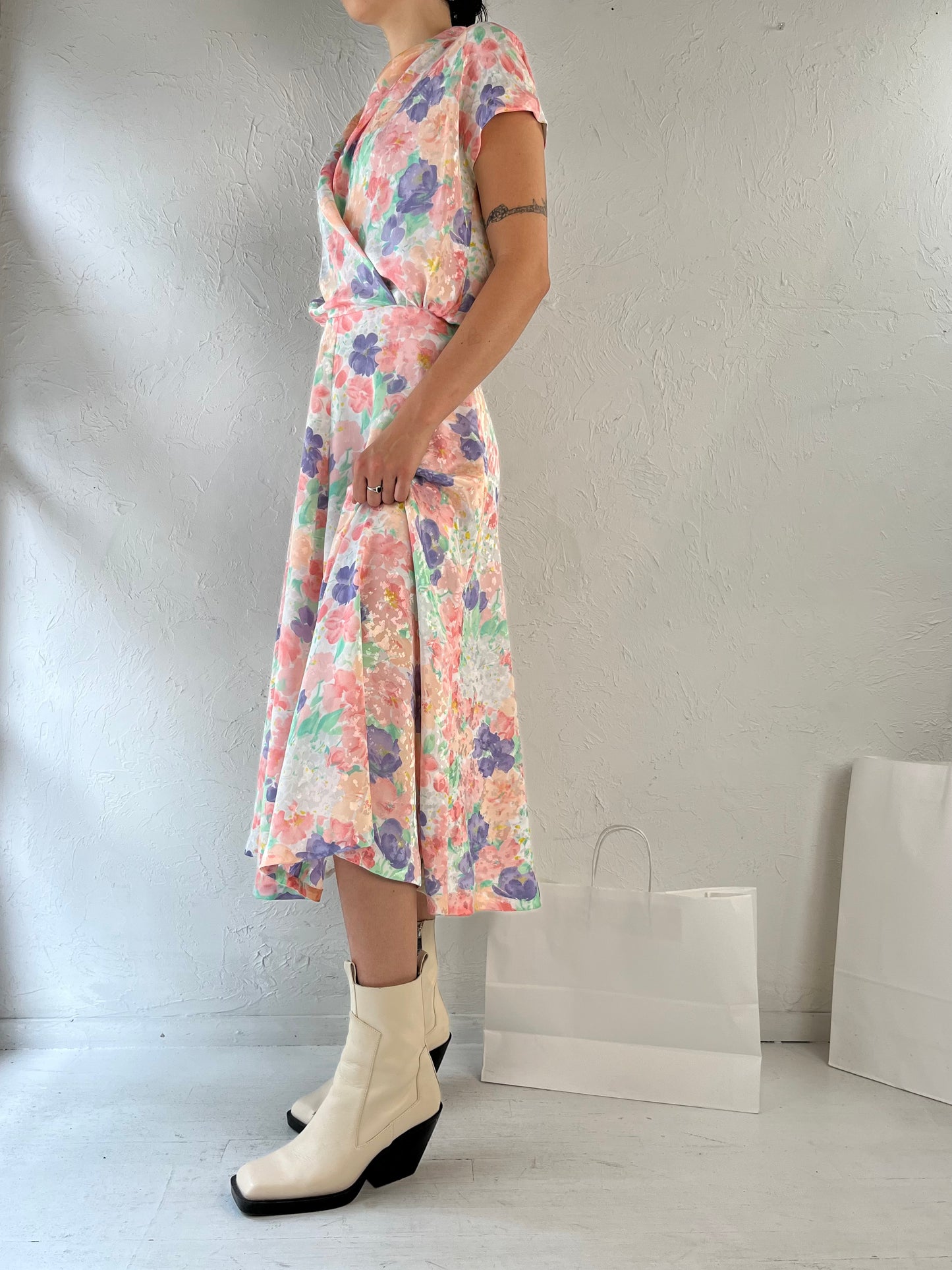 80s Pastel Floral Print Midi Dress / Small