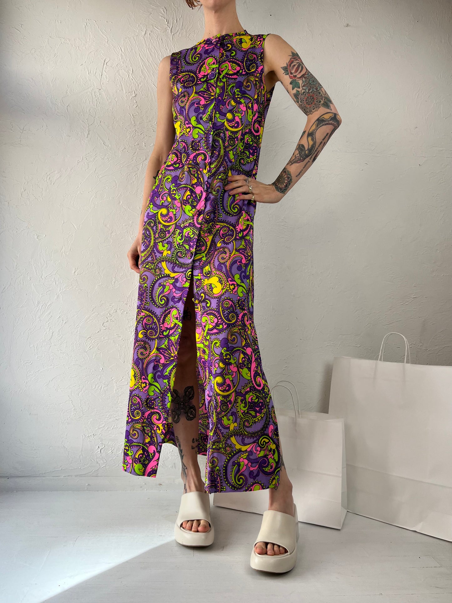 70s 'Le Voys' Purple Paisley Maxi Dress / Small
