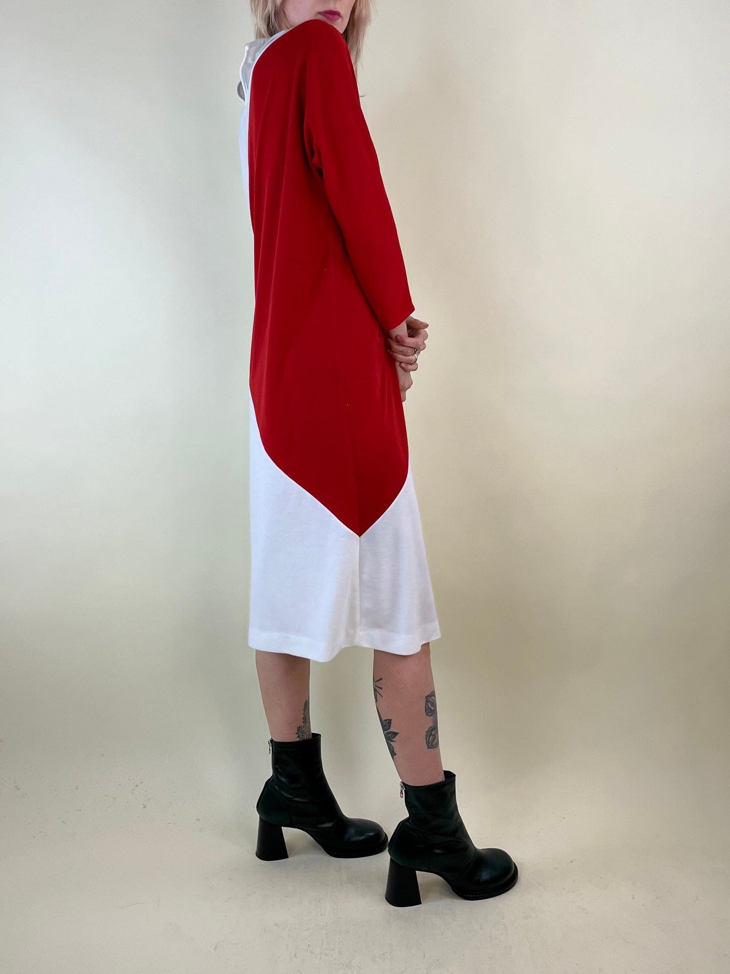 80s White and Red Color Block Long Sleeve Dress / Large