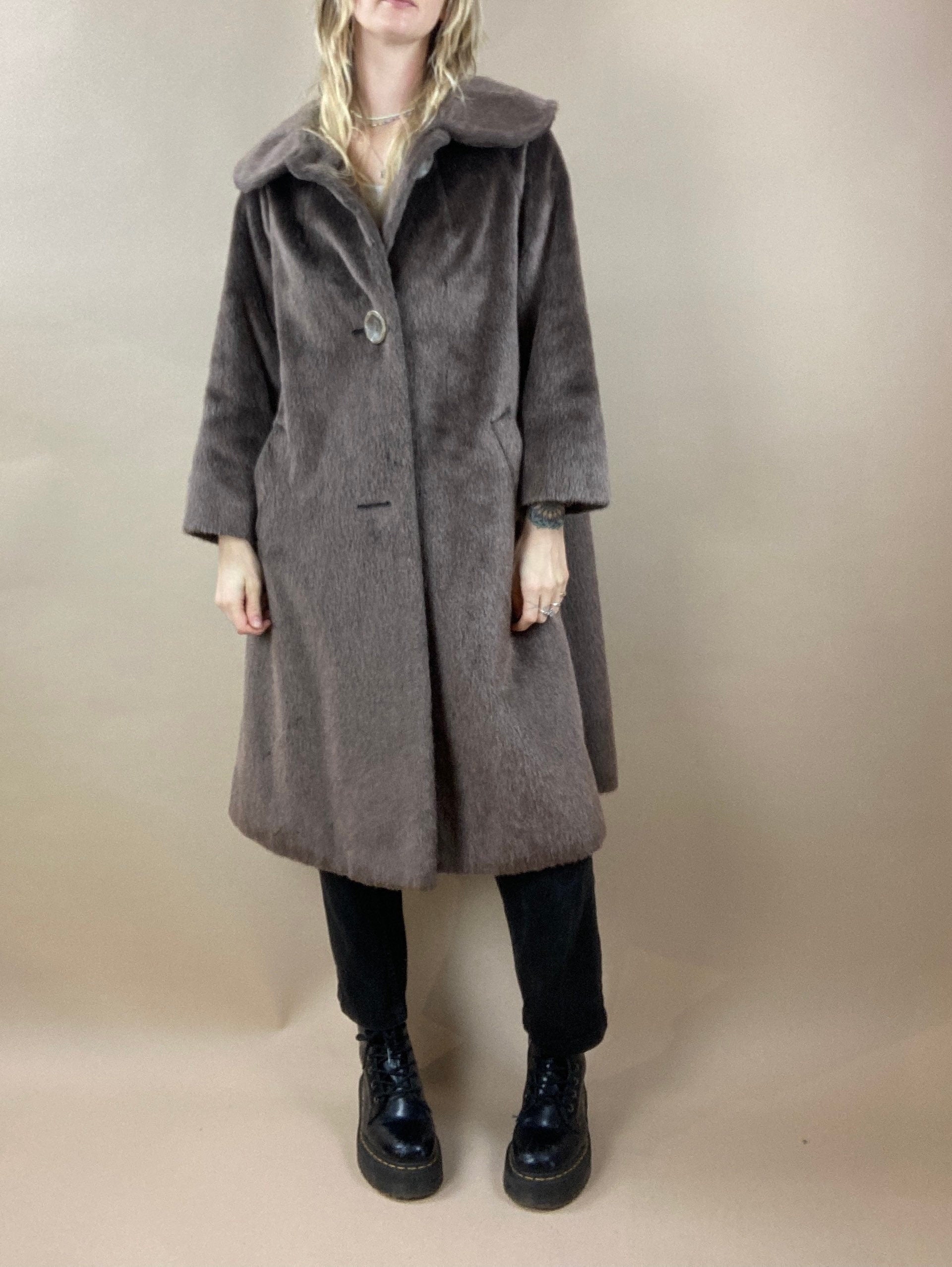 80s Brown Faux Fur Extra Long Coat / Womens Vintage Winter Coat