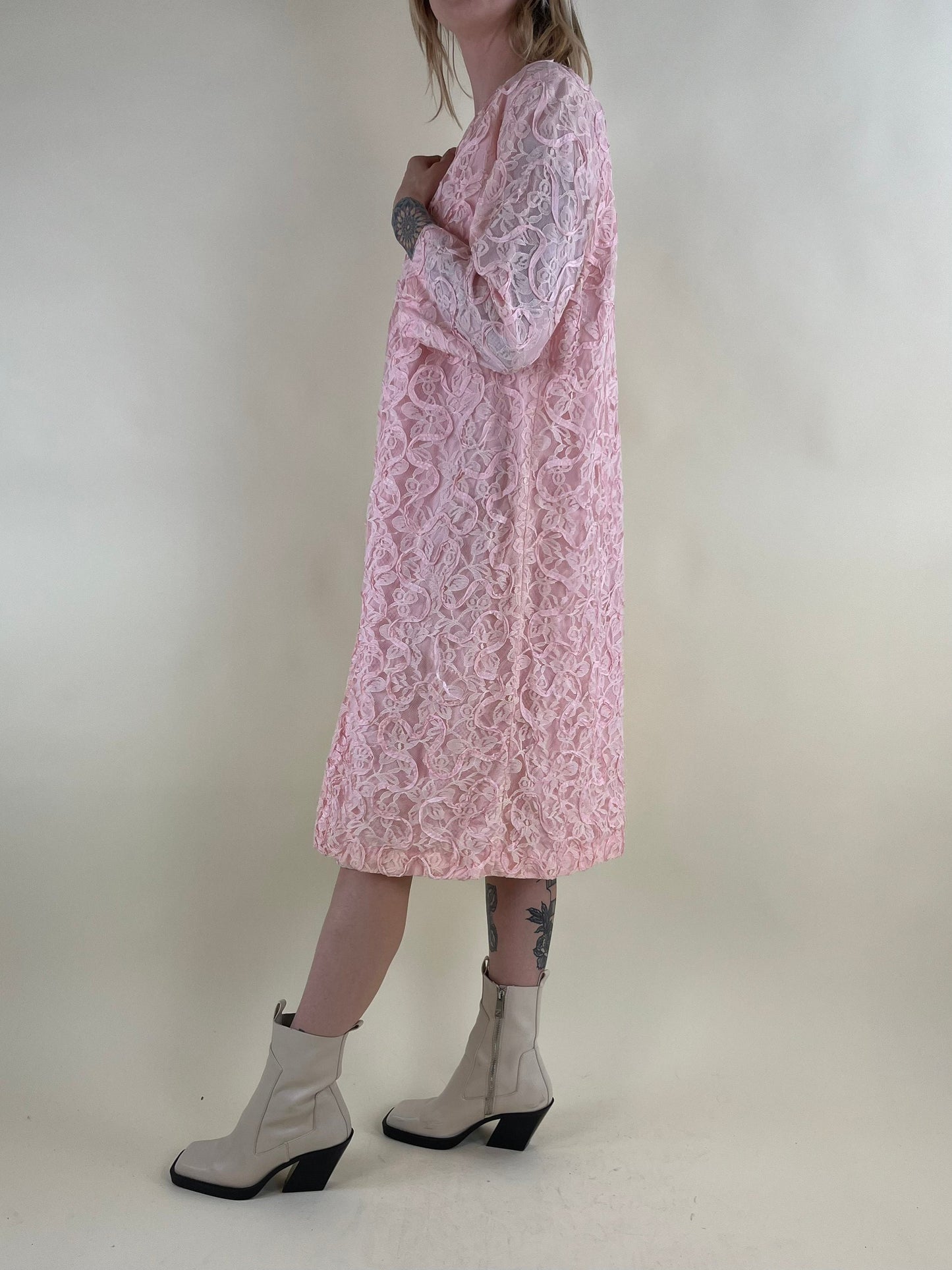 60s Pink Lace Two-Piece Dress and Coat Set / Small - Medium
