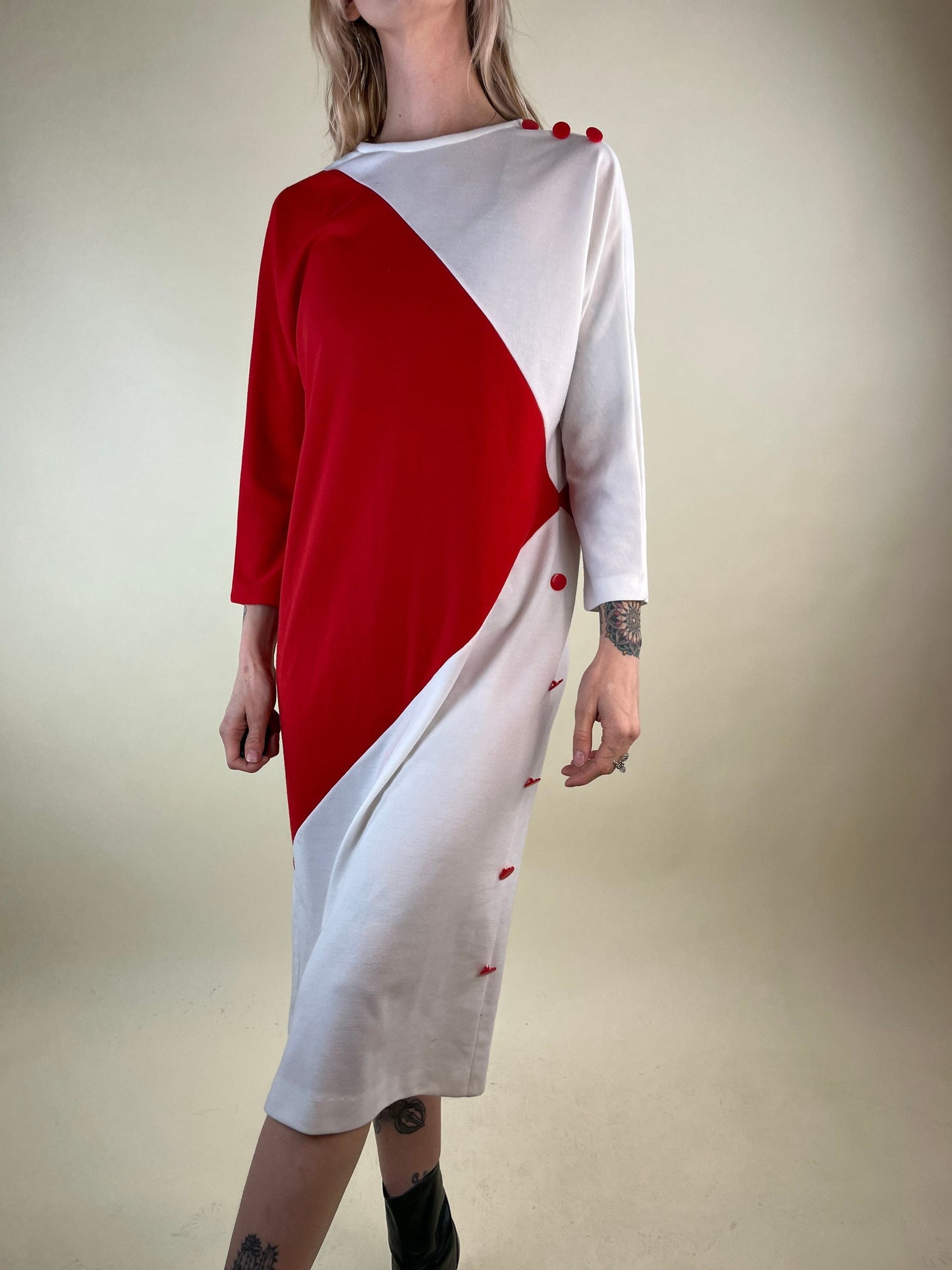 80s White and Red Color Block Long Sleeve Dress / Large