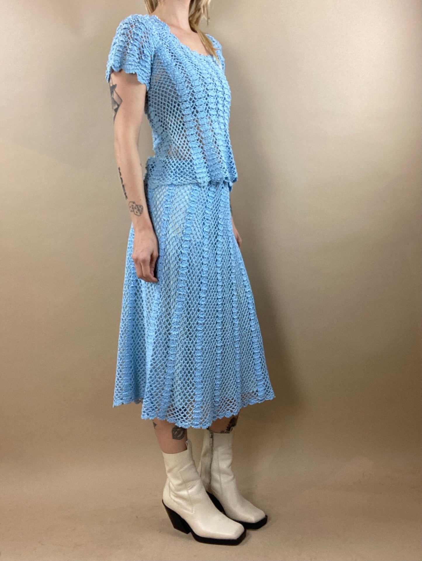 70s Baby Blue Crochet Skirt and Top Set / Womens Vintage / Medium