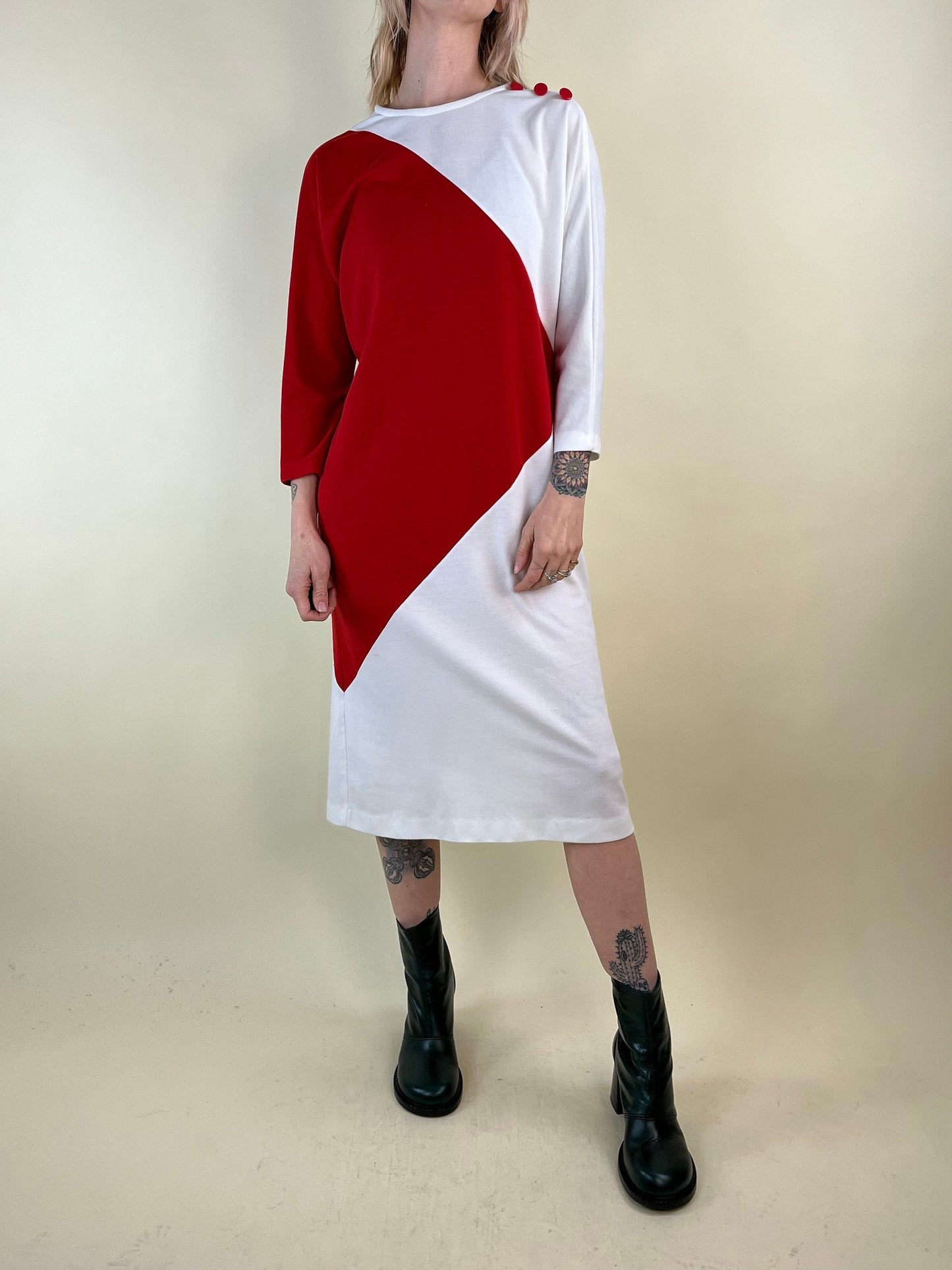 80s White and Red Color Block Long Sleeve Dress / Large