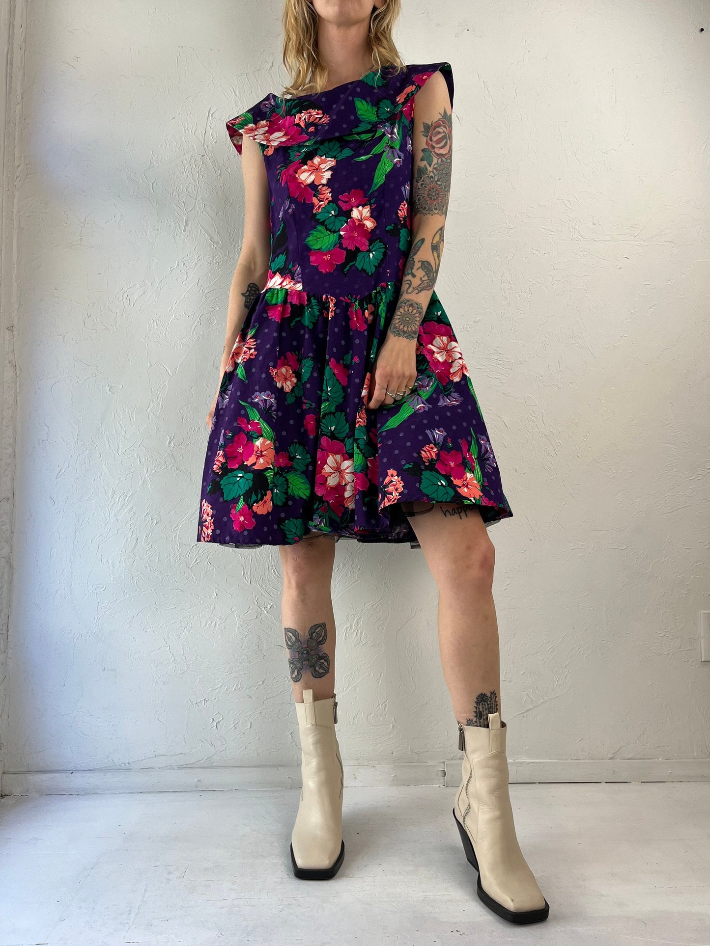 80s does 50s 'Smartset' Purple Floral Fit and Flare Party Dress / Medium