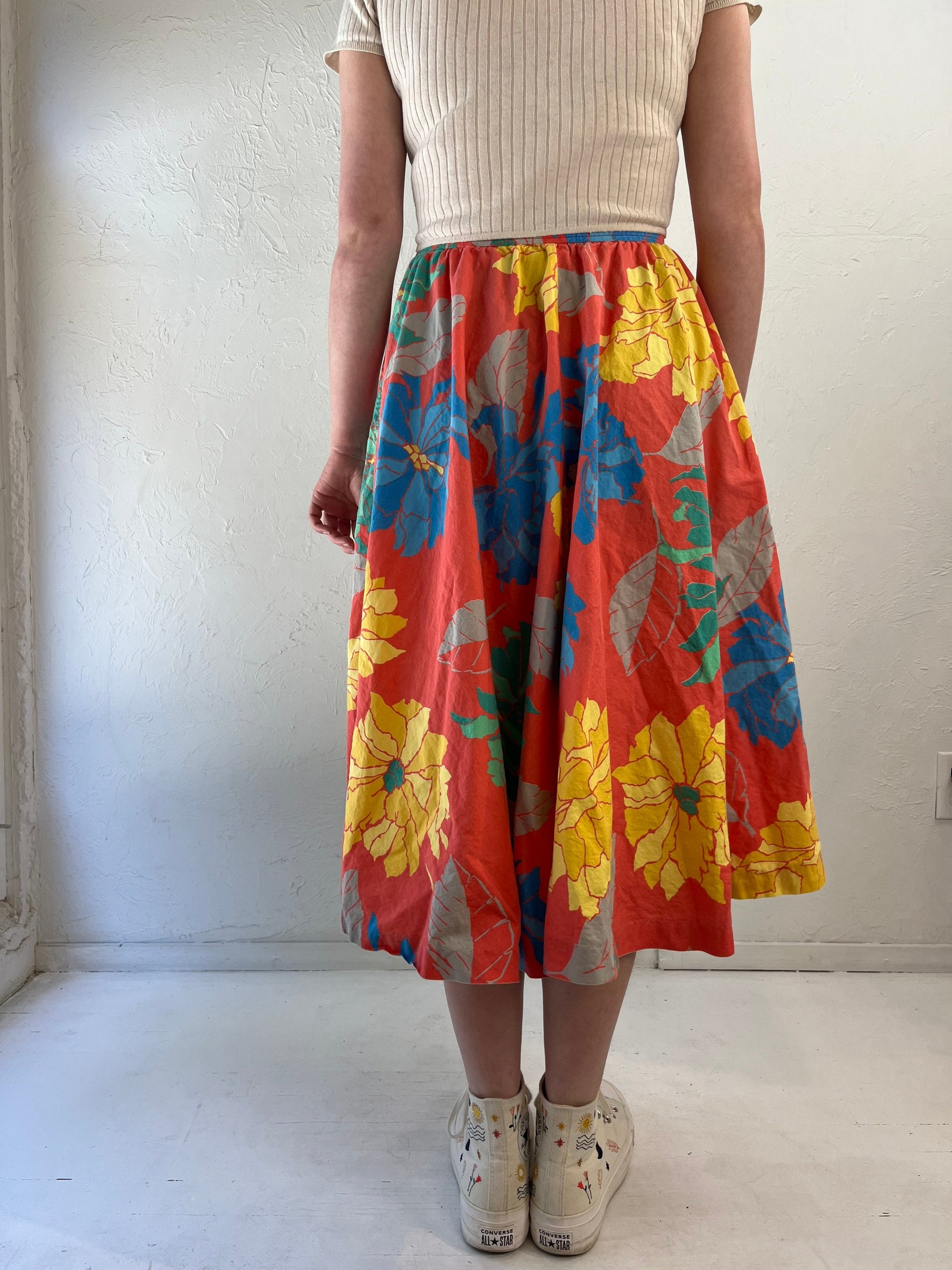 80s does 50s 'Regatta Sport' Orange Cotton Hawaiian Floral Print Full Circle Skirt / Medium