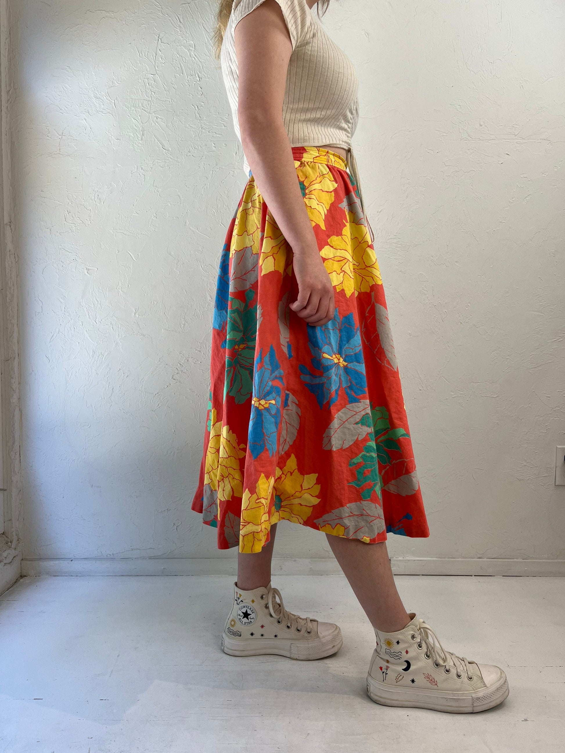 80s does 50s 'Regatta Sport' Orange Cotton Hawaiian Floral Print Full Circle Skirt / Medium