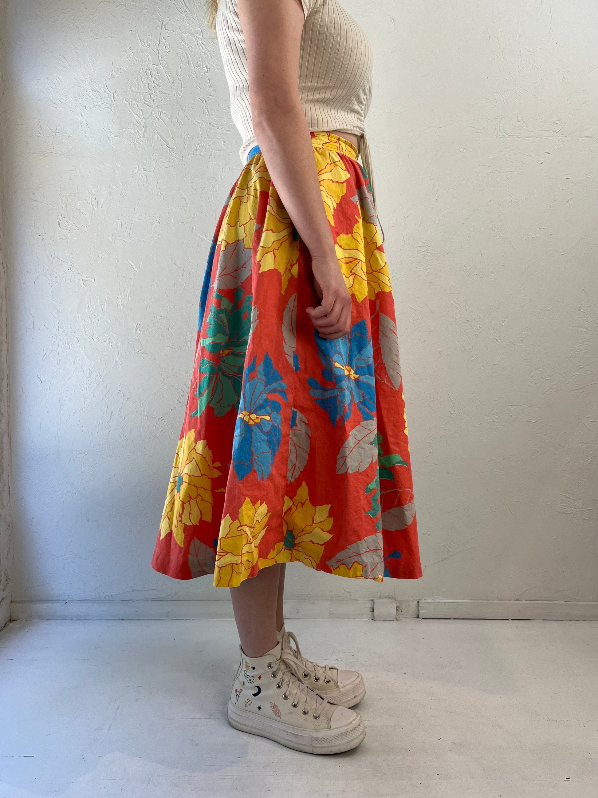 80s does 50s 'Regatta Sport' Orange Cotton Hawaiian Floral Print Full Circle Skirt / Medium