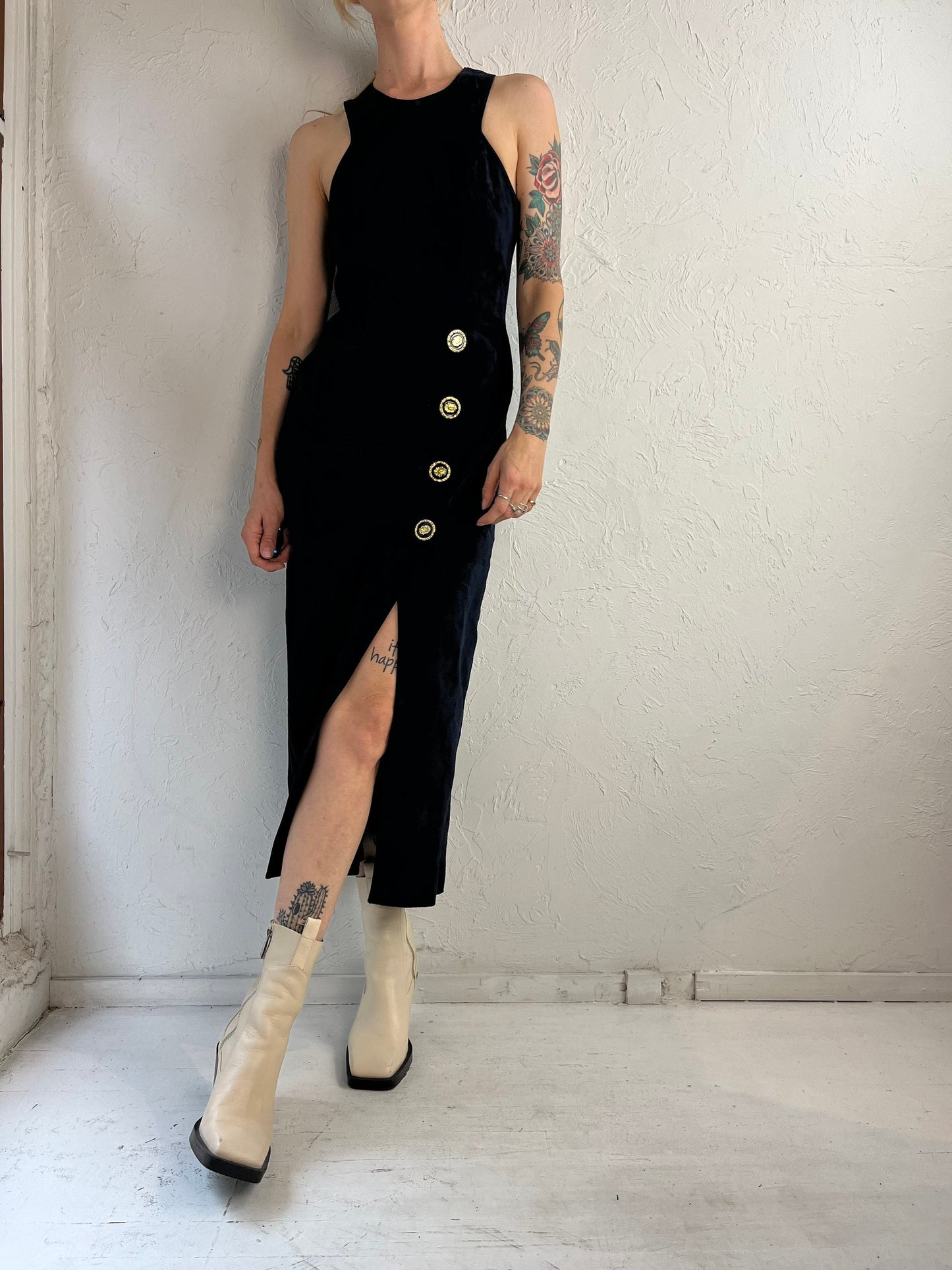 90s 'Danier' Navy Blue Suede Leather Form Fitting Dress / XS