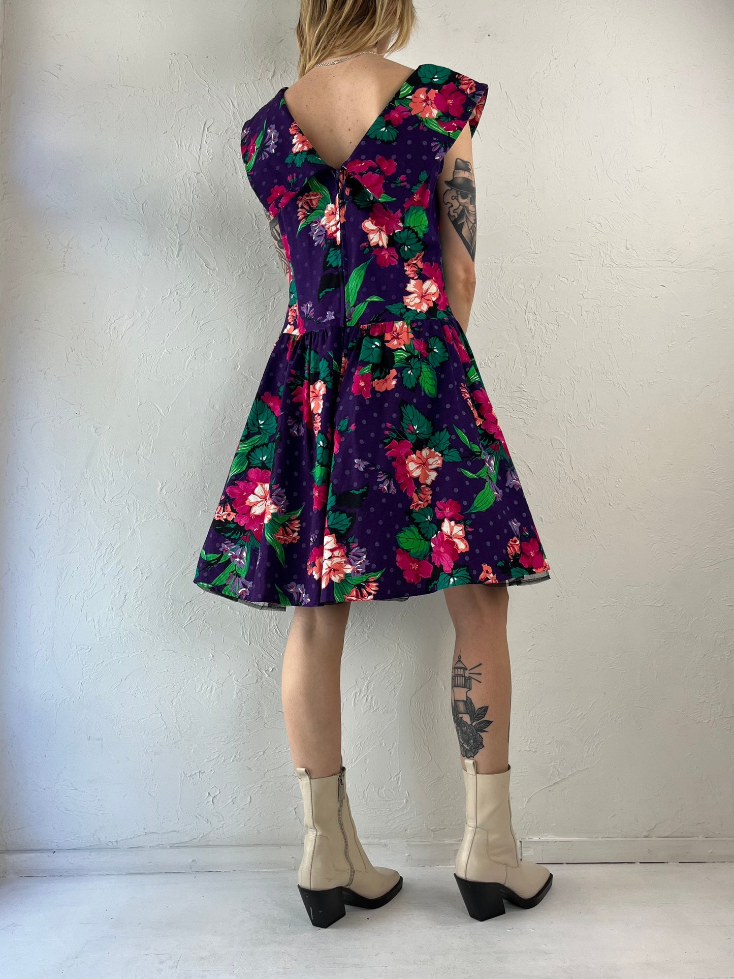 80s does 50s 'Smartset' Purple Floral Fit and Flare Party Dress / Medium