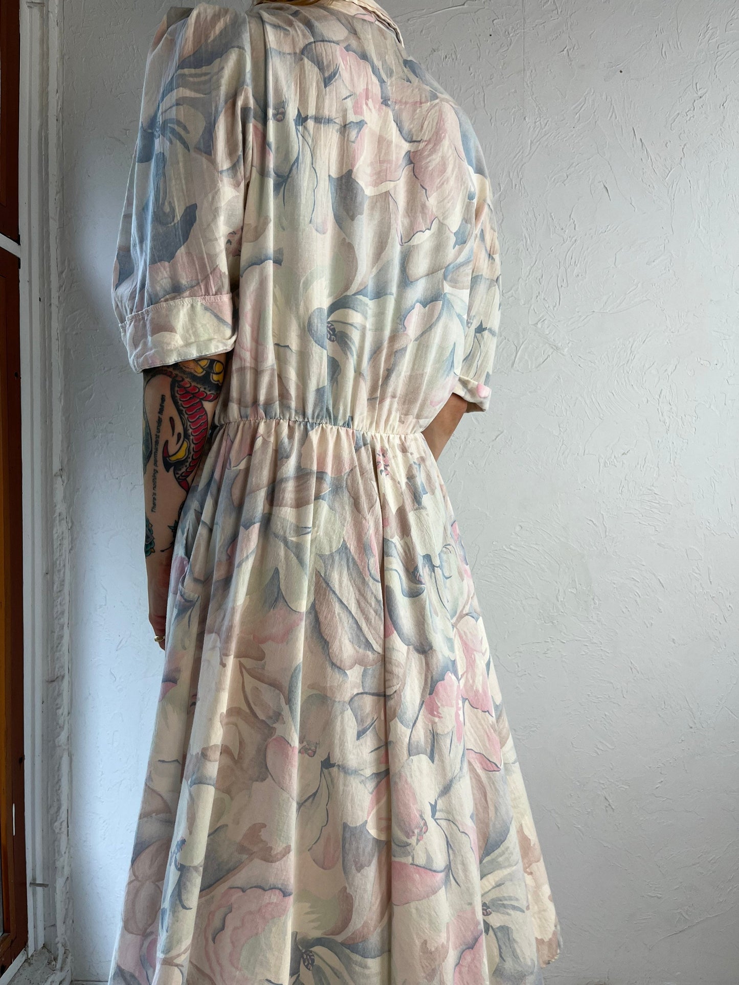 90s Pastel Floral Print Collared Dress / Medium
