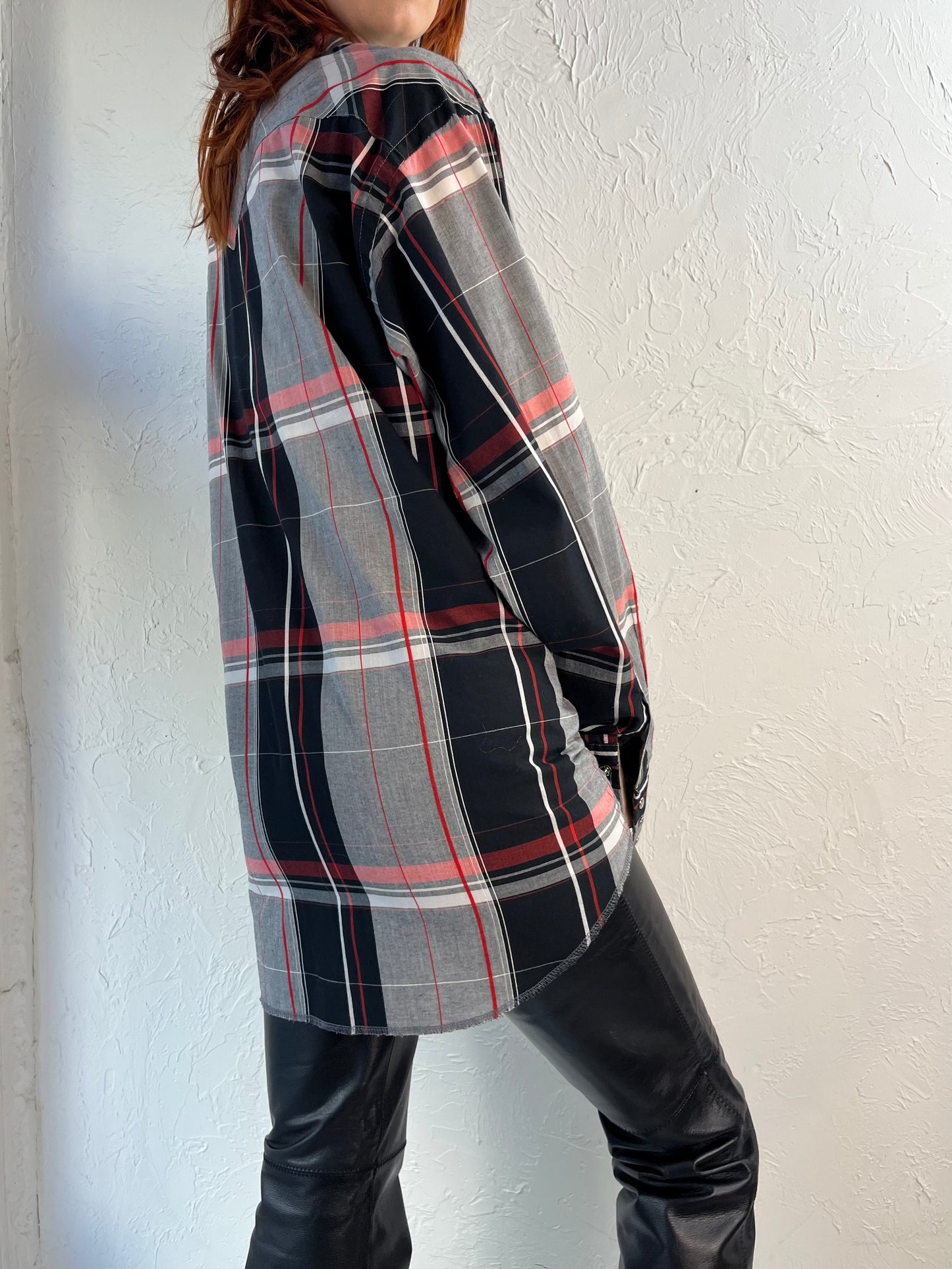 Y2K 'Wrangler' Gray Plaid Pearl Snap Shirt / XL