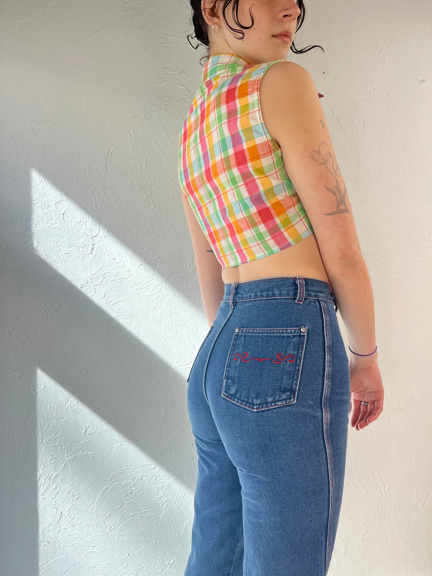 70s 'Fritzy' Plaid Tie Up Crop Top / Small