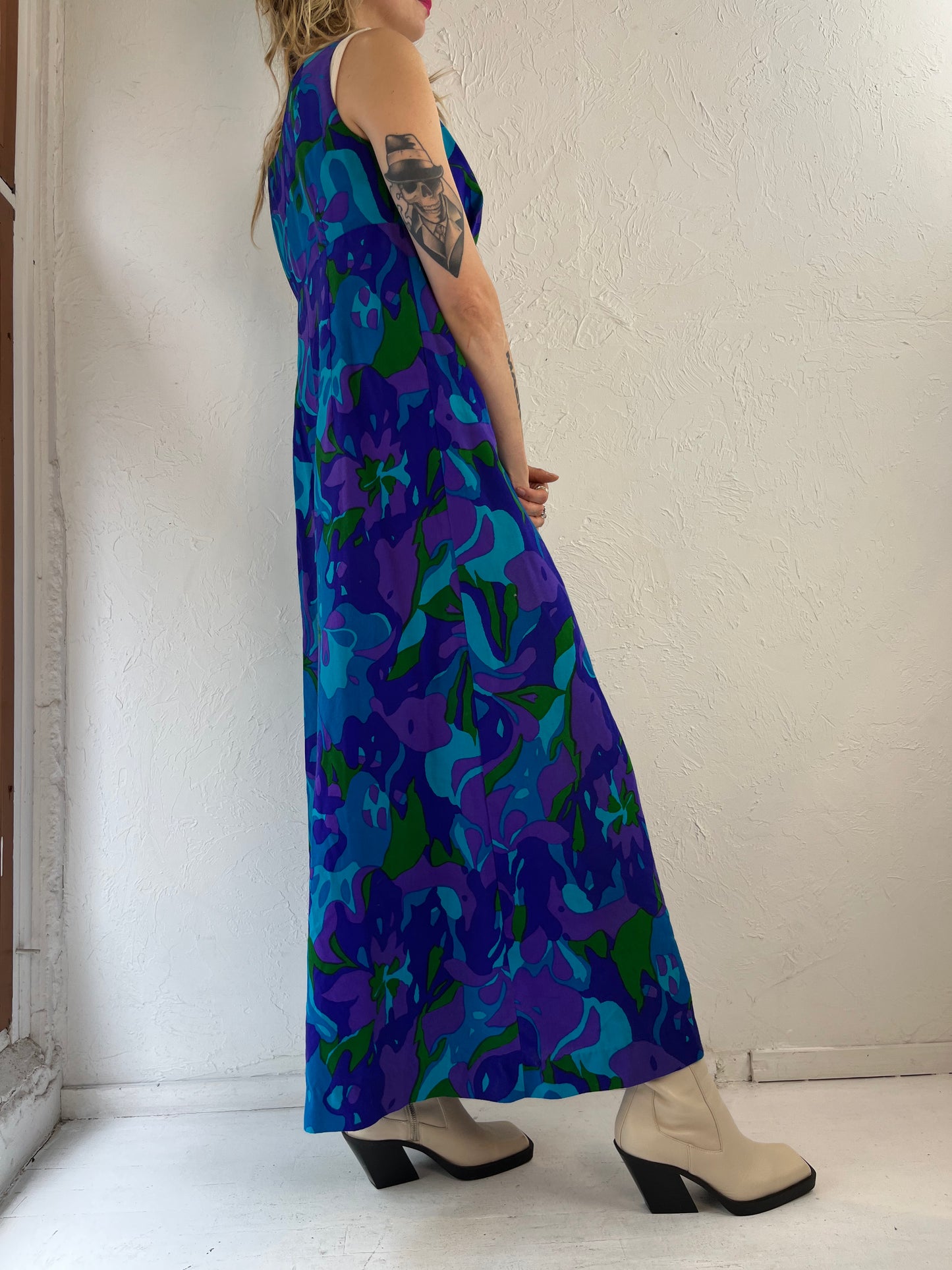 70s Handmade Purple Retro Print Wide Leg Jumpsuit / Small
