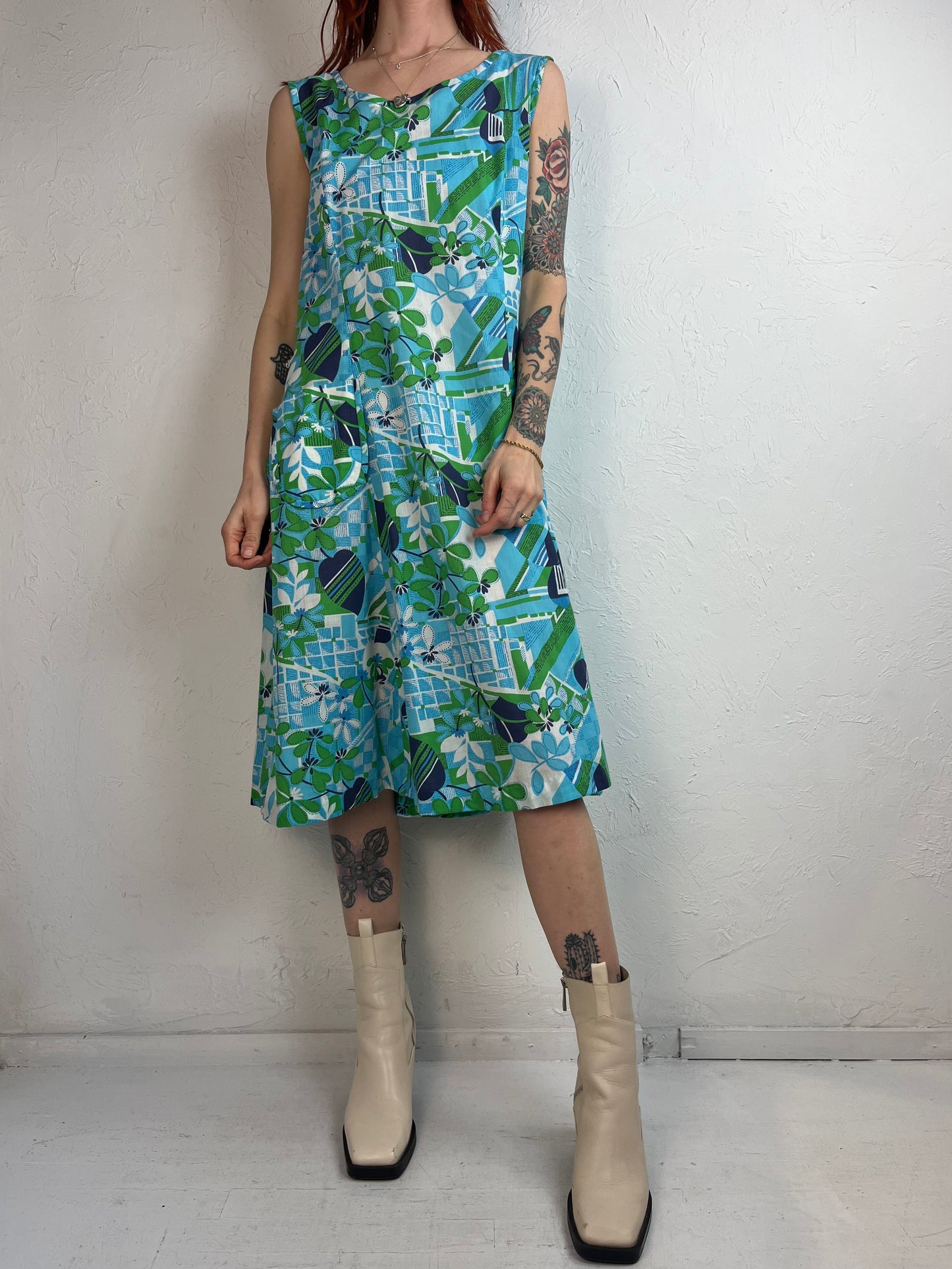 70s 'Leo-Danal' Blue Green and White Floral Abstract Print Sundress / Large