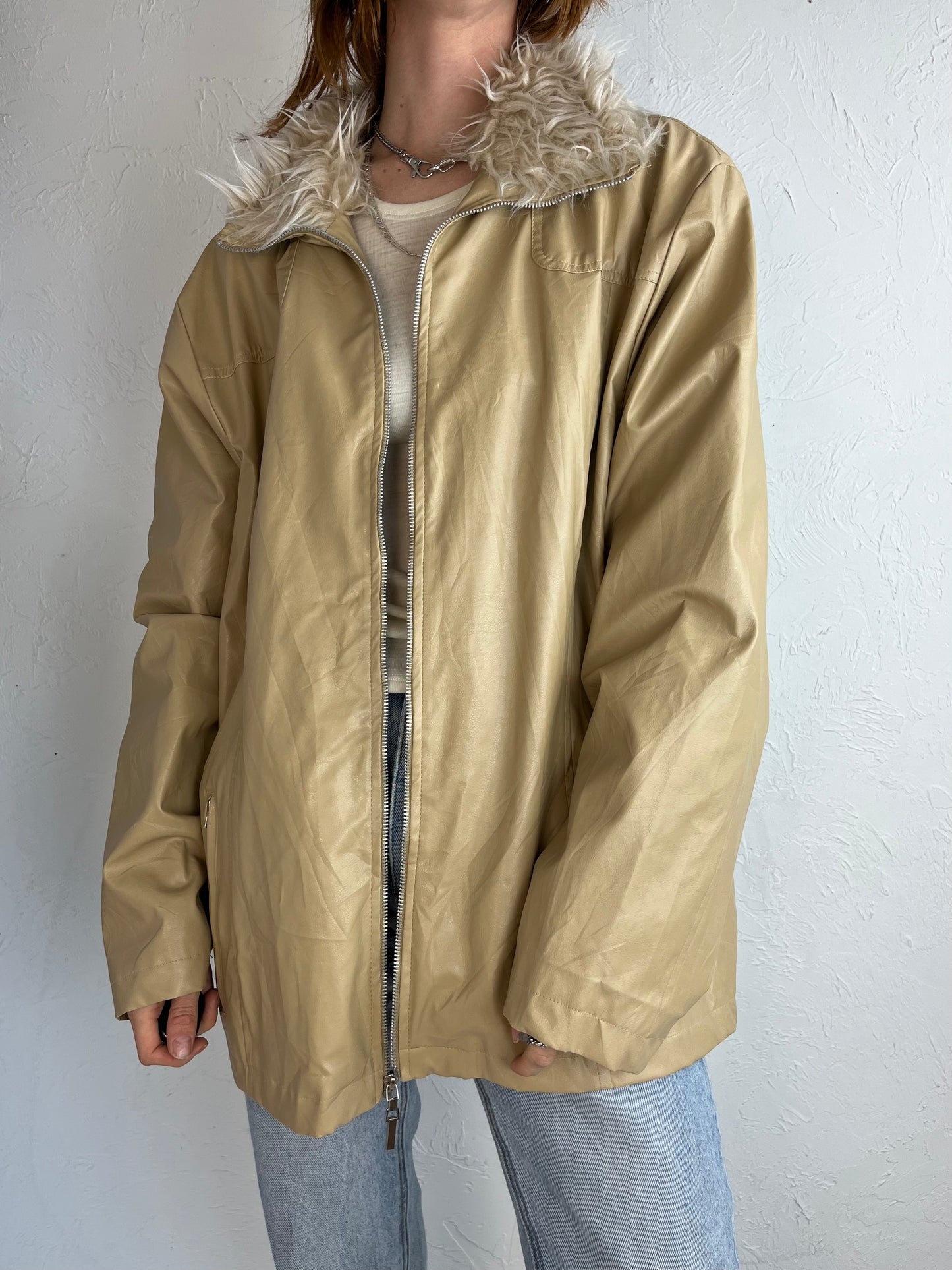 Y2k 'Endurance' Beige Faux Leather Jacket / 2X