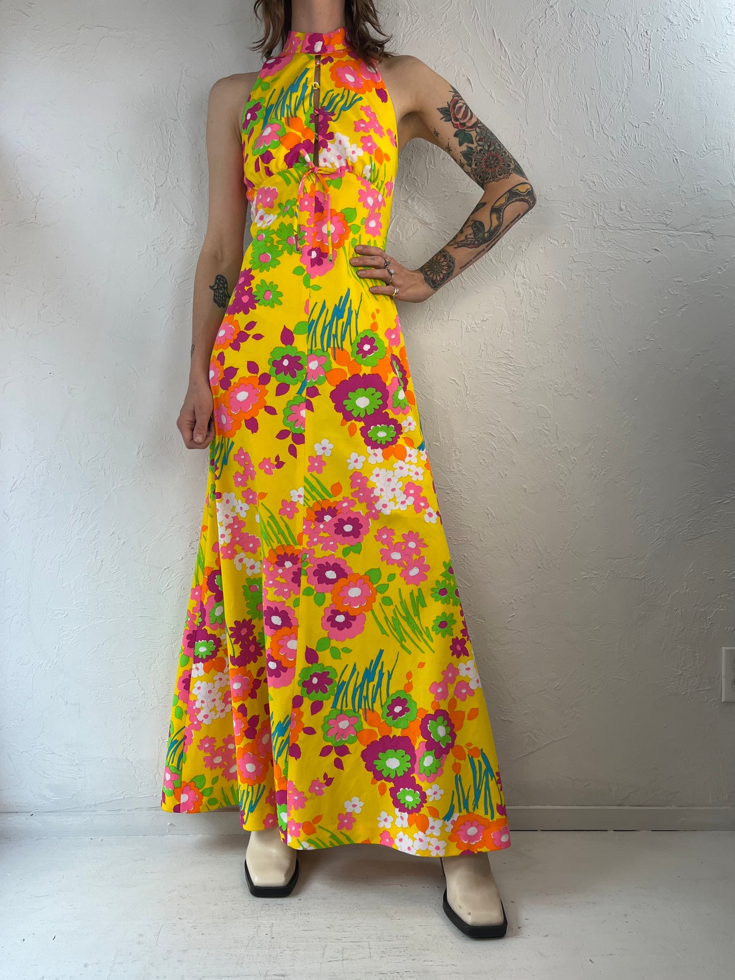 70s Floral Print Halter Hippie Dress / Small