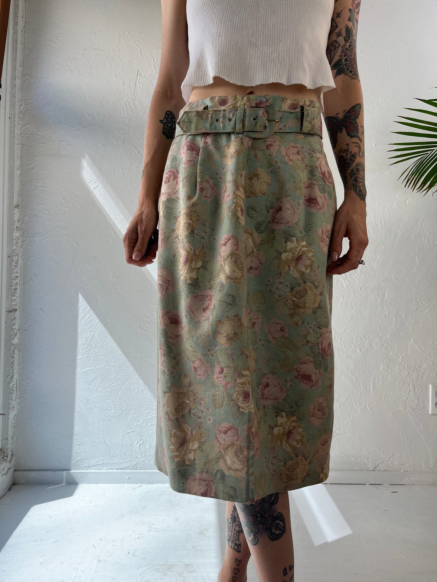 80s 'Briggs' Floral Print Pencil Skirt / Medium