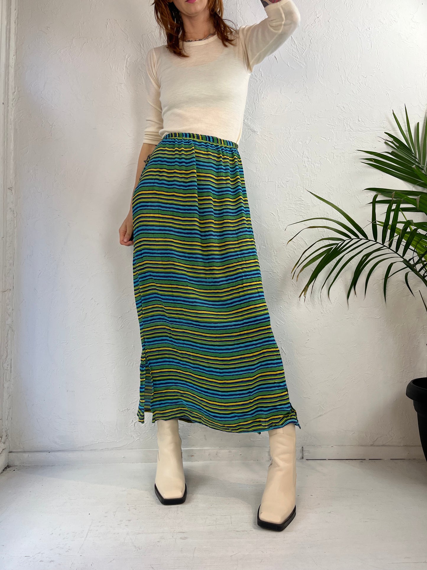 90s 'Rodeo' Green Striped Maxi Skirt / Small