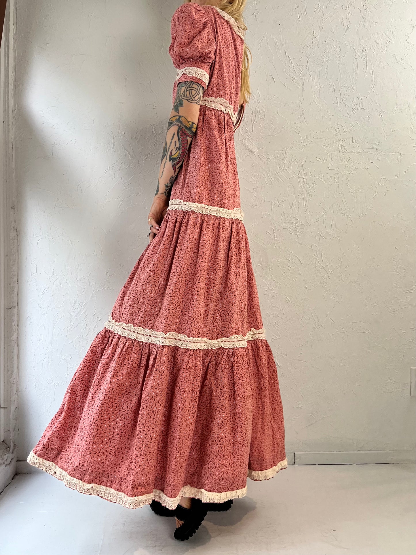 80s Pink Cottage Core Puff Sleeve Peasant Dress / XXS