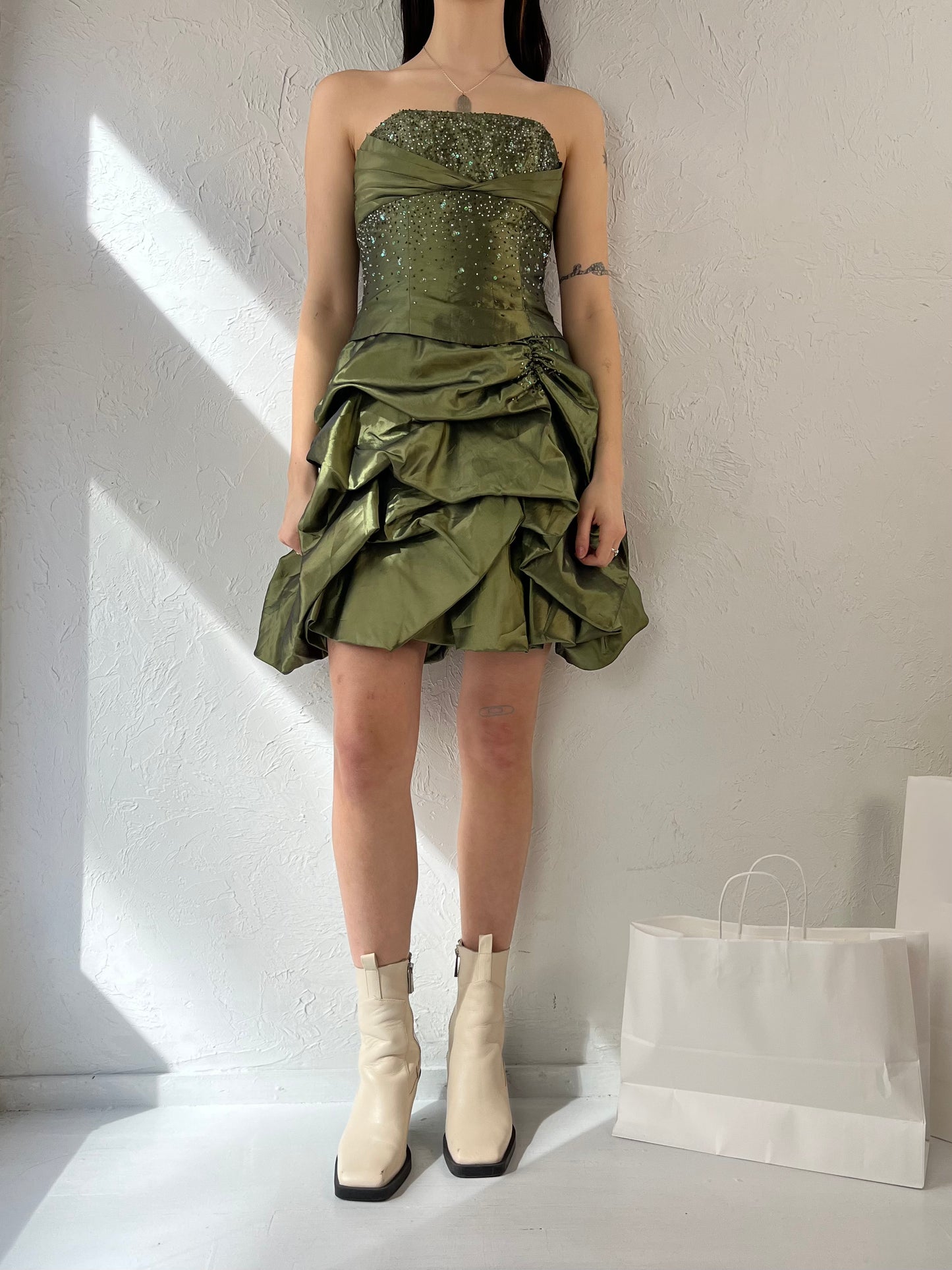 Y2K 'Laura Petites' Green Beaded Strapless Evening Dress / Small