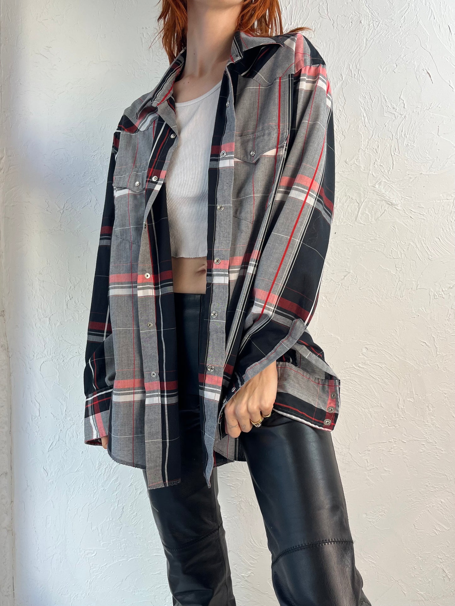 Y2K 'Wrangler' Gray Plaid Pearl Snap Shirt / XL