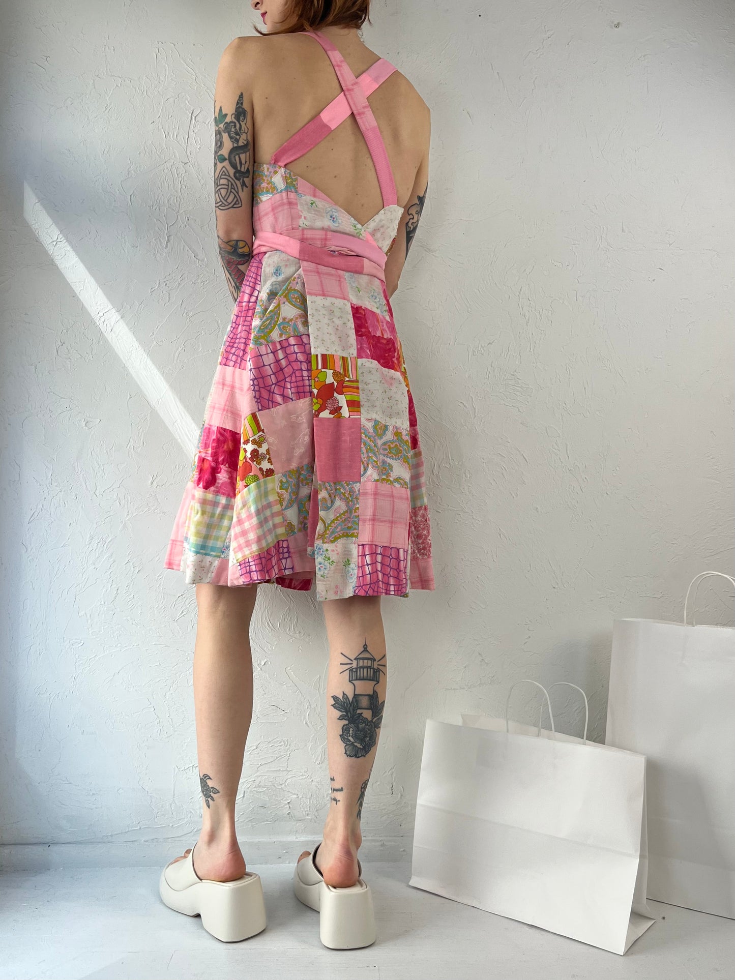 70s Pink Quilted Wrap Dress / Small