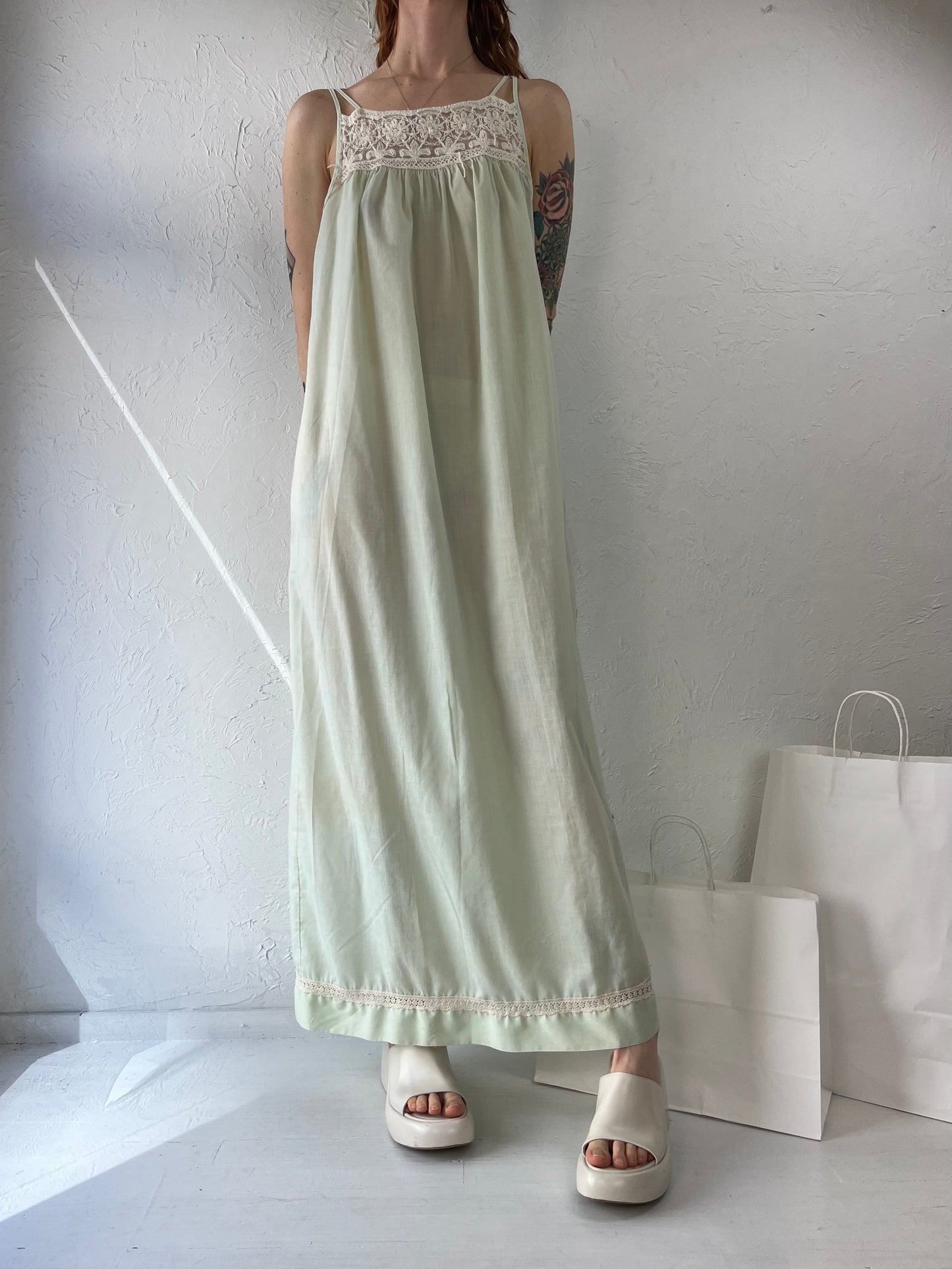 70s Pastel Green Crochet Hippie Maxi Dress / Small